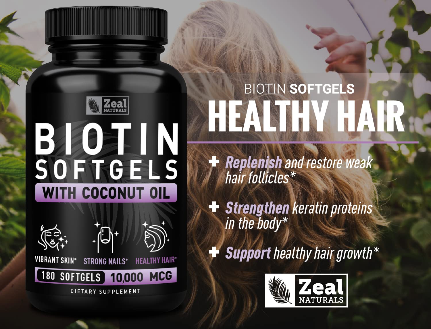 Foto 4 pulgar | Suplemento De Biotina Zeal Naturals De 10000 Mcg Con Aceite De Coco 180  - Venta Internacional.
