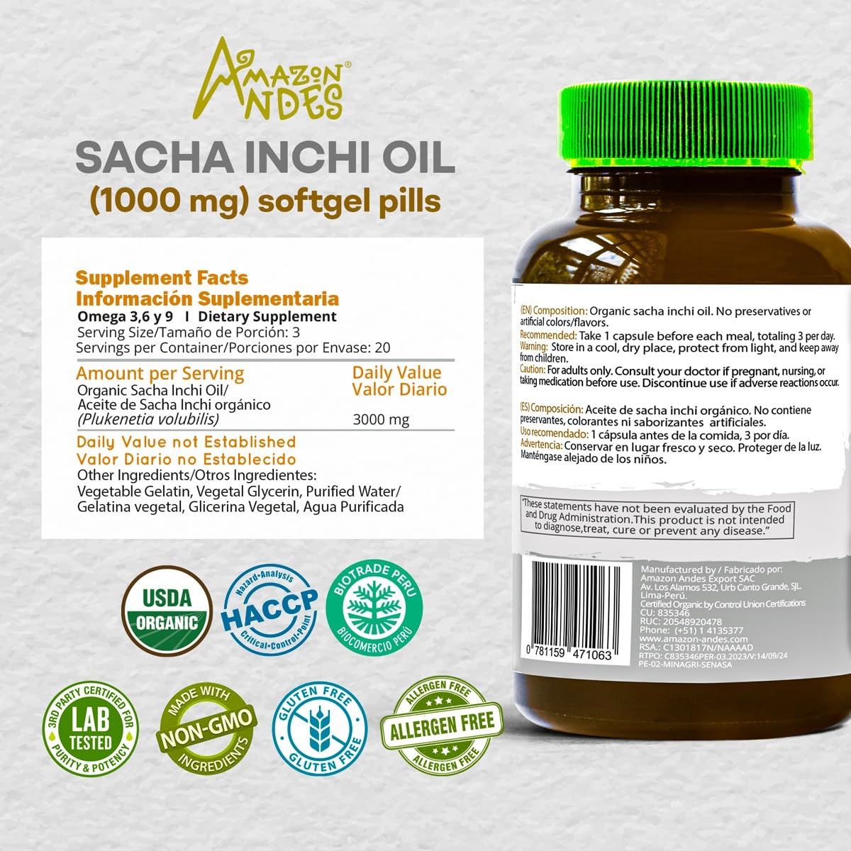 Foto 3 pulgar | Suplemento Amazon Andes Sacha Inchi En Cápsulas 60 X 1000 Mg - Venta Internacional.