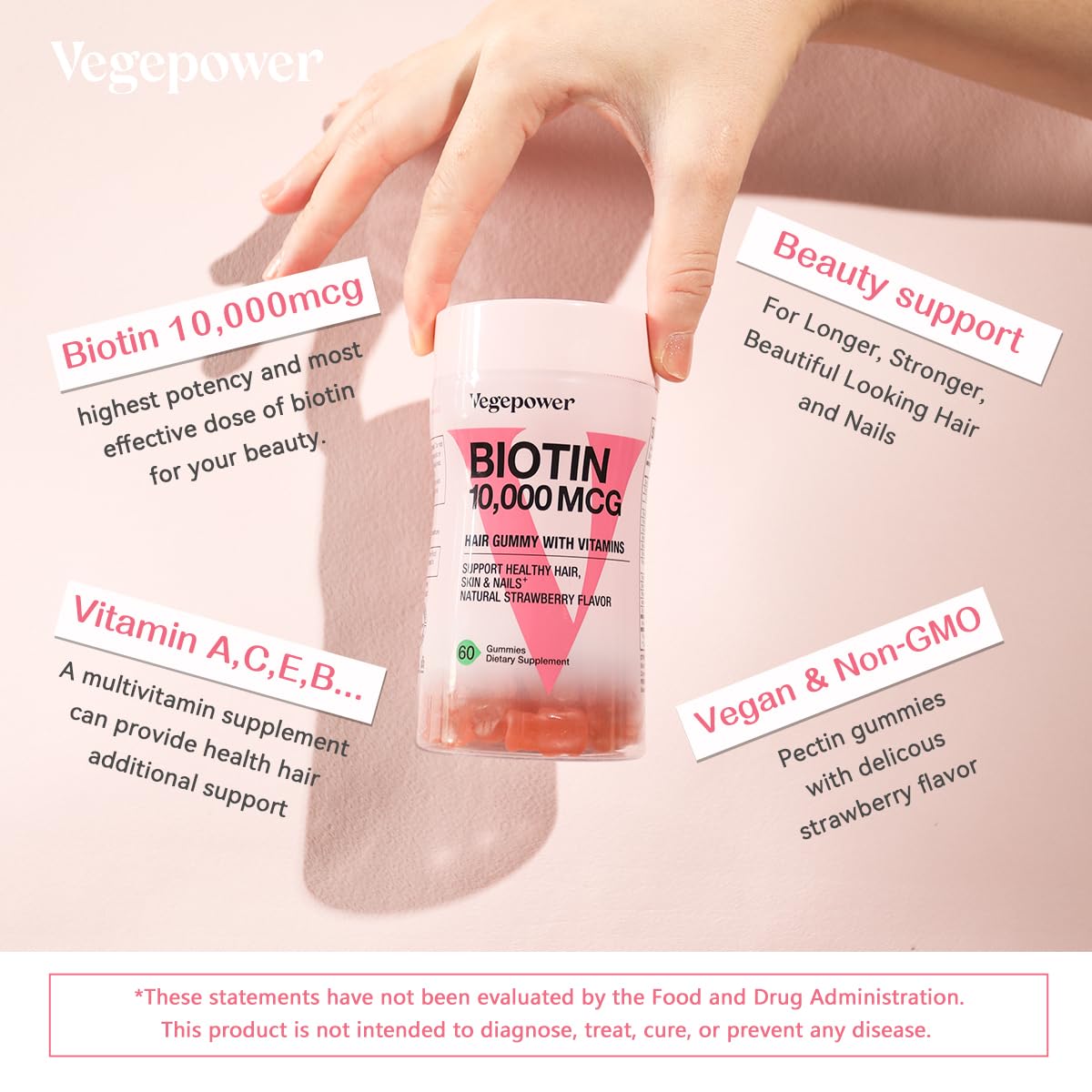 Foto 4 pulgar | Suplemento De Biotina Vegepower, 10 000 Mcg, Gomitas Para El Crecimiento Del Cabello 60 - Venta Internacional.