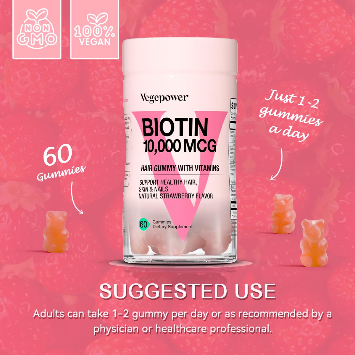 Foto 8 pulgar | Suplemento De Biotina Vegepower, 10 000 Mcg, Gomitas Para El Crecimiento Del Cabello 60 - Venta Internacional.