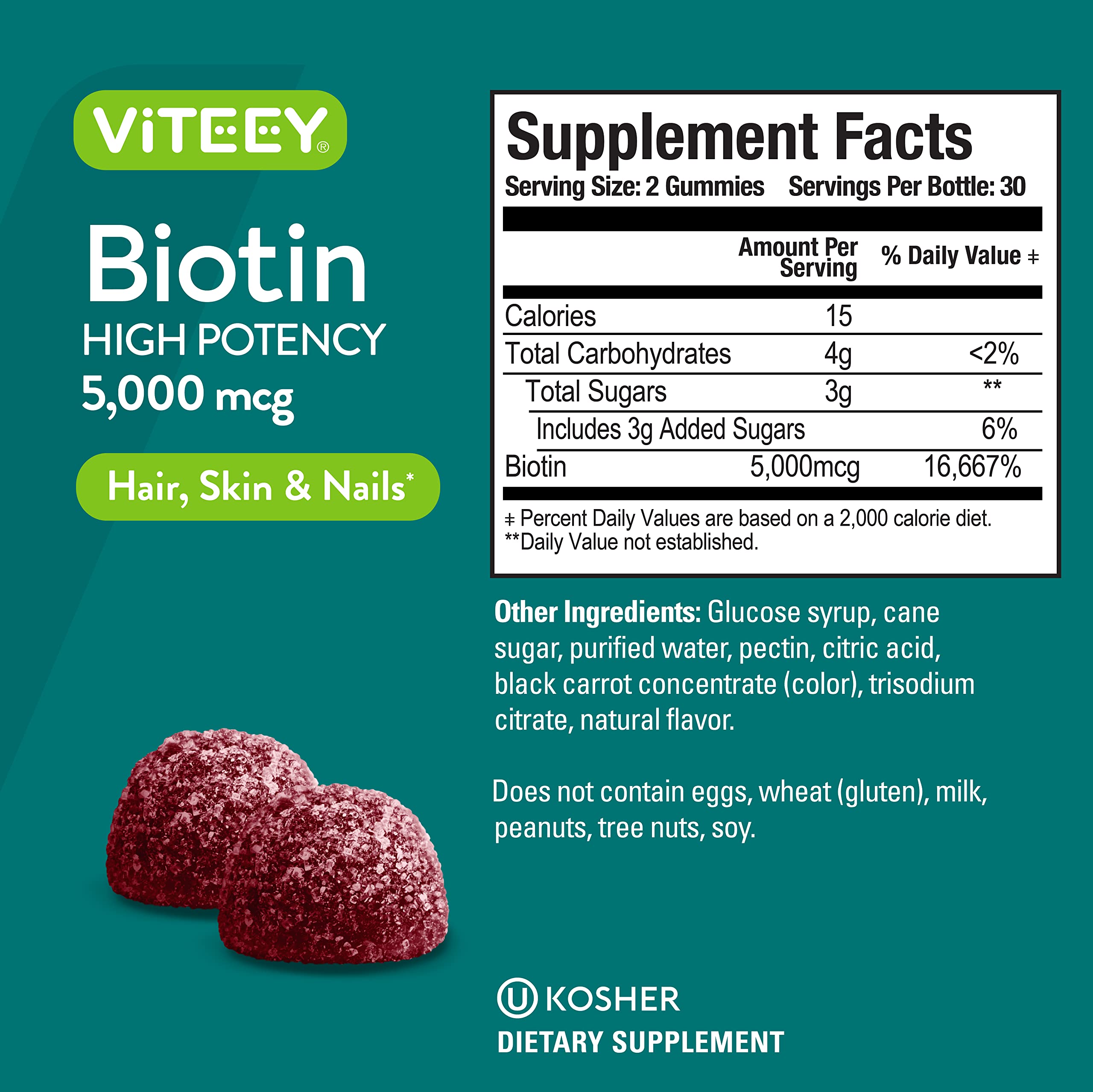 Foto 5 pulgar | Gomitas De Biotina Viteey Para Cabello, Piel Y Uñas, 5000 Mcg, 120 Unidades - Venta Internacional.