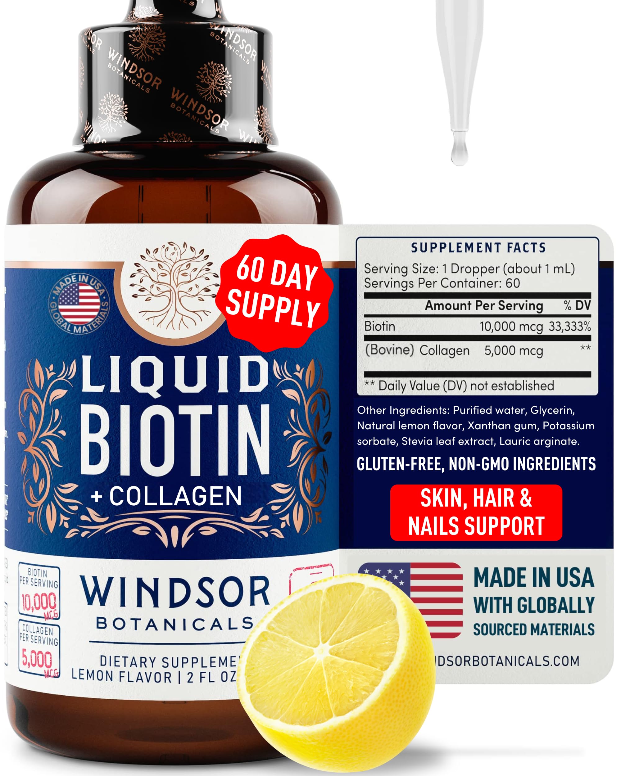 Foto 2 pulgar | Suplemento De Biotina Líquida Windsor Botanicals De 10,000 Mcg + Coll - Venta Internacional.