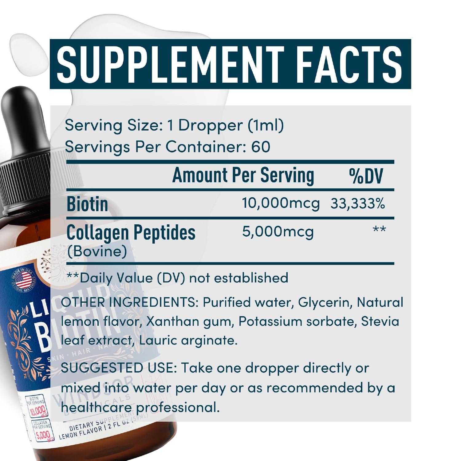 Foto 7 pulgar | Suplemento De Biotina Líquida Windsor Botanicals De 10,000 Mcg + Coll - Venta Internacional.