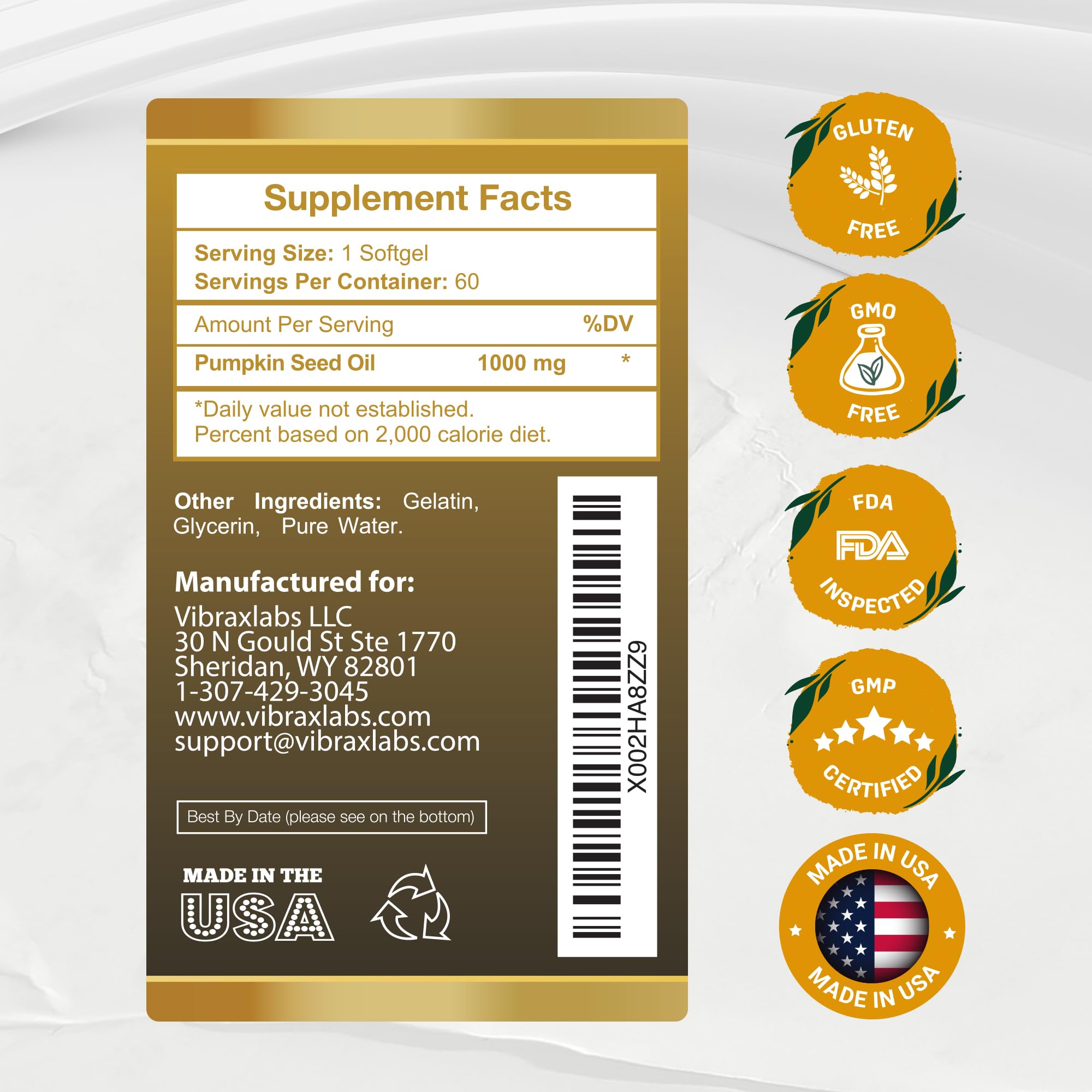 Foto 6 pulgar | Suplemento De Aceite De Semilla De Calabaza Vibraxlabs, 1000 Mg, 60 Cápsulas Blandas - Venta Internacional.