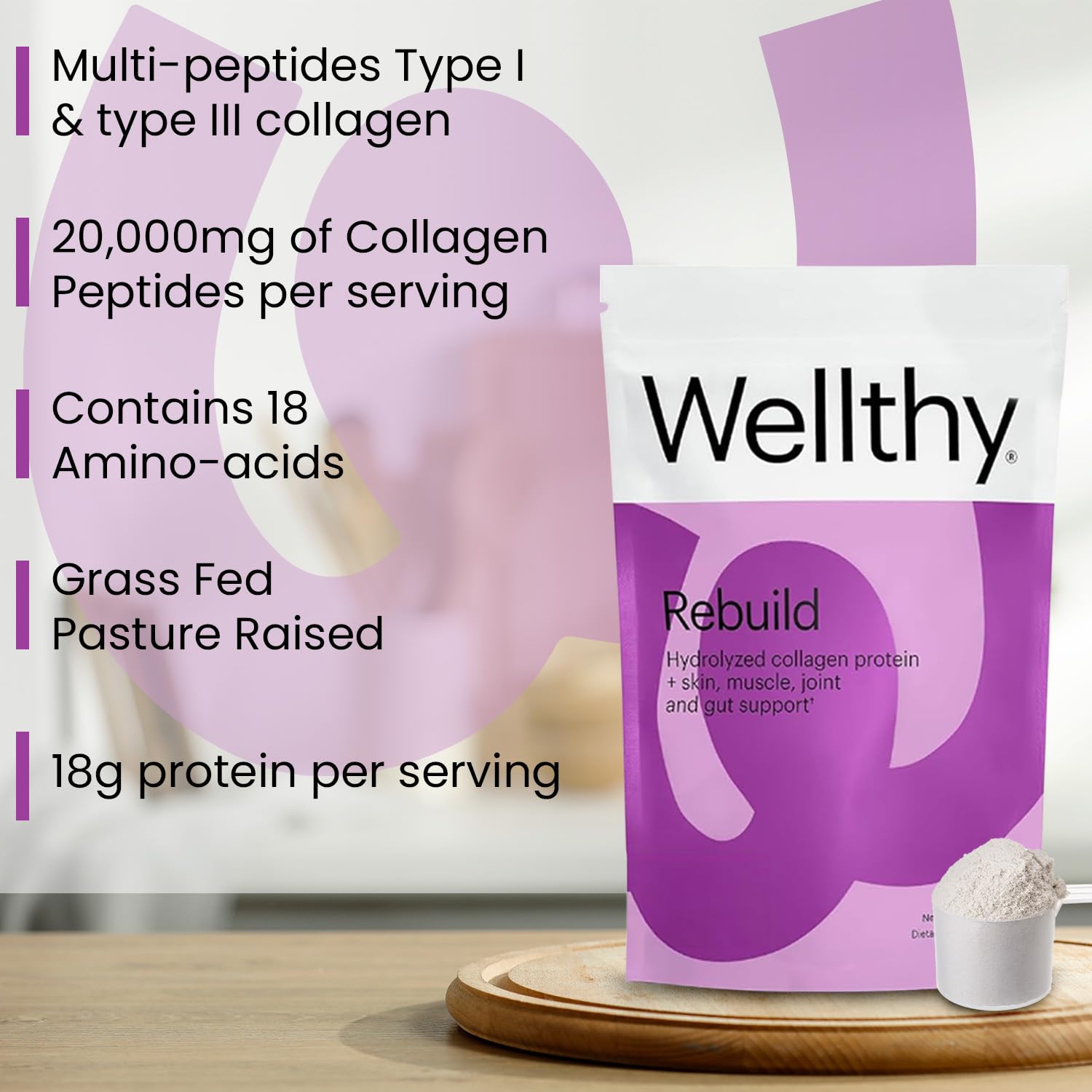 Foto 3 pulgar | Proteína De Péptidos De Colágeno En Polvo Wellthy 20.000 Mg 18 G - Venta Internacional.
