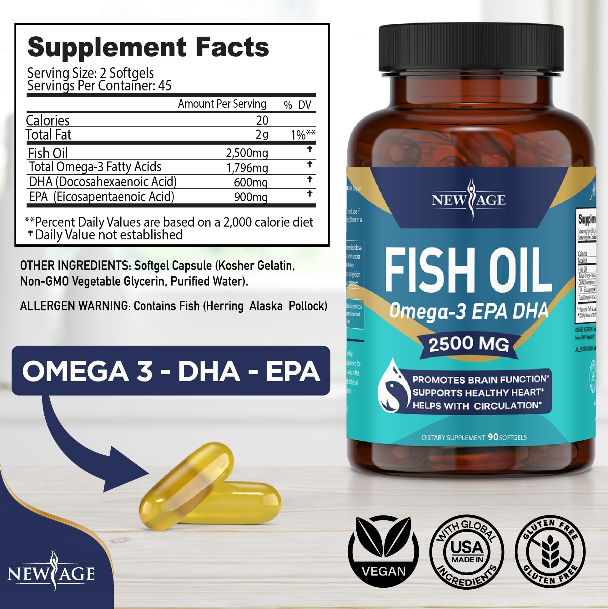 Foto 3 pulgar | Complemente El Aceite De Pescado Omega 3 De New Age De 2500 Mg Para Reforzar El Sistema Inmunitario - Venta Internacio