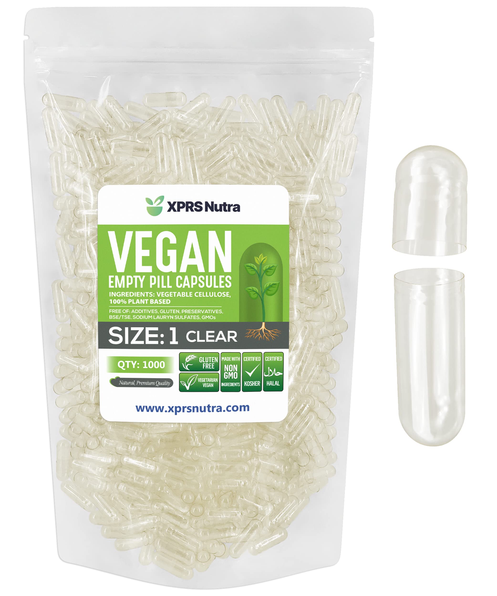 Cápsulas Vacías Xprs Nutra, Tamaño 1, 1000 Unidades, Transparentes, Veganas - Venta Internacional.