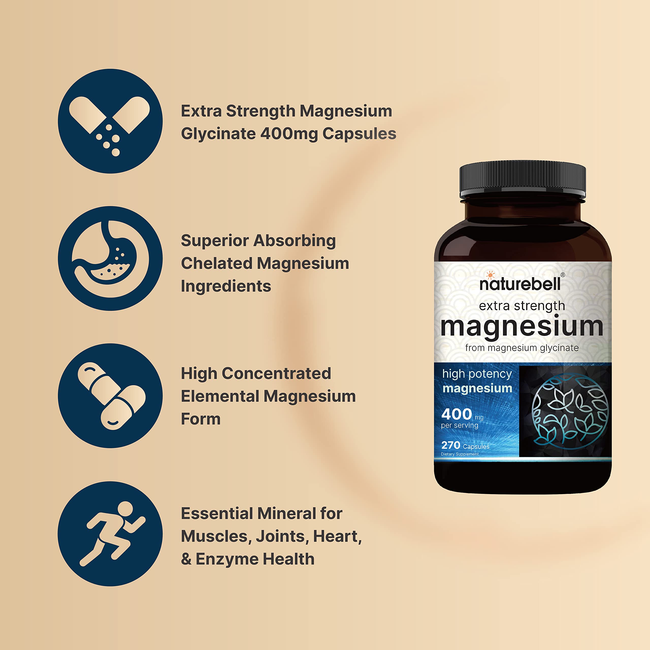 Foto 4 pulgar | Suplemento De Glicinato De Magnesio Naturebell 400 Mg 270 Cápsulas - Venta Internacional.