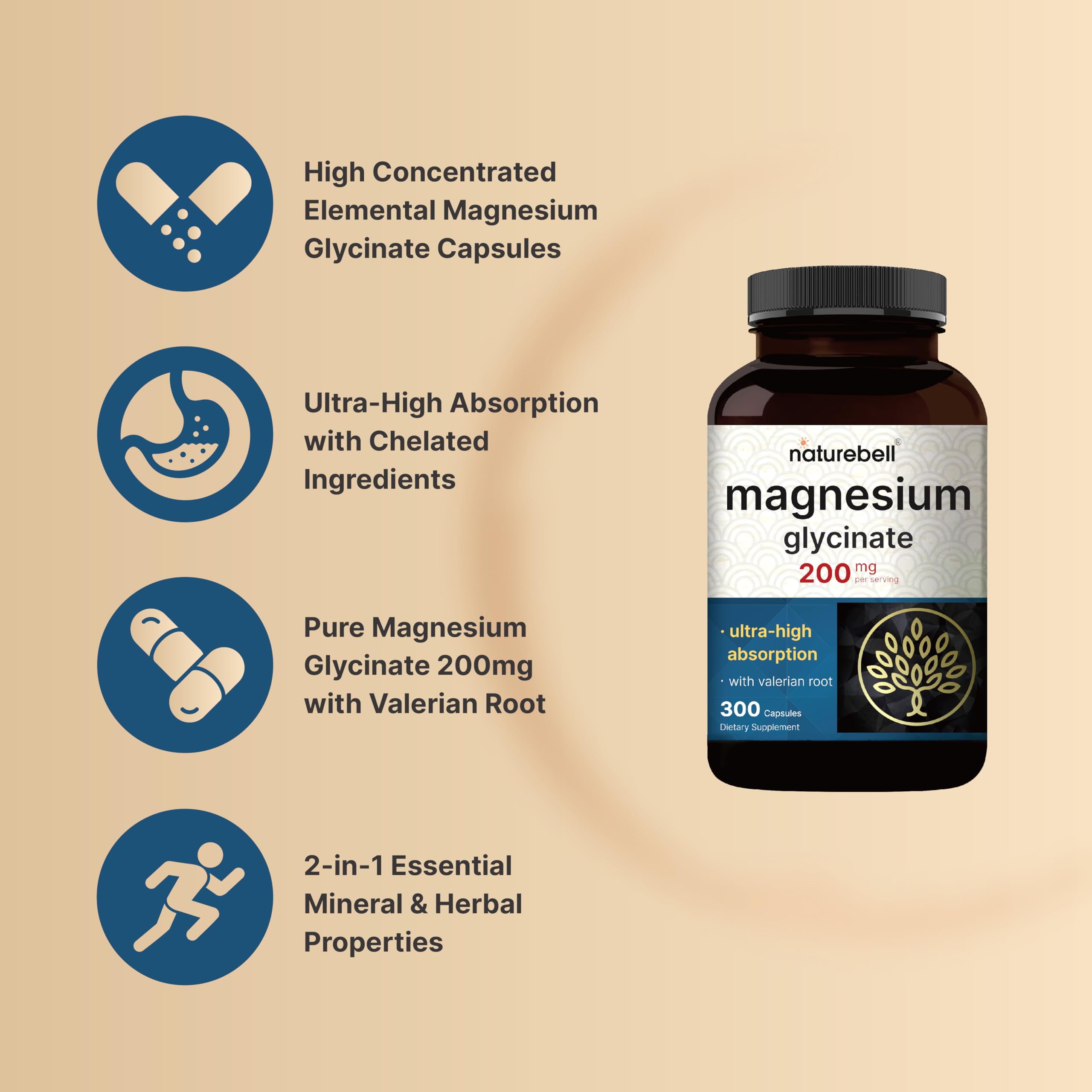 Foto 4 pulgar | Suplemento De Glicinato De Magnesio Naturebell 200 Mg 300 Cápsulas - Venta Internacional.