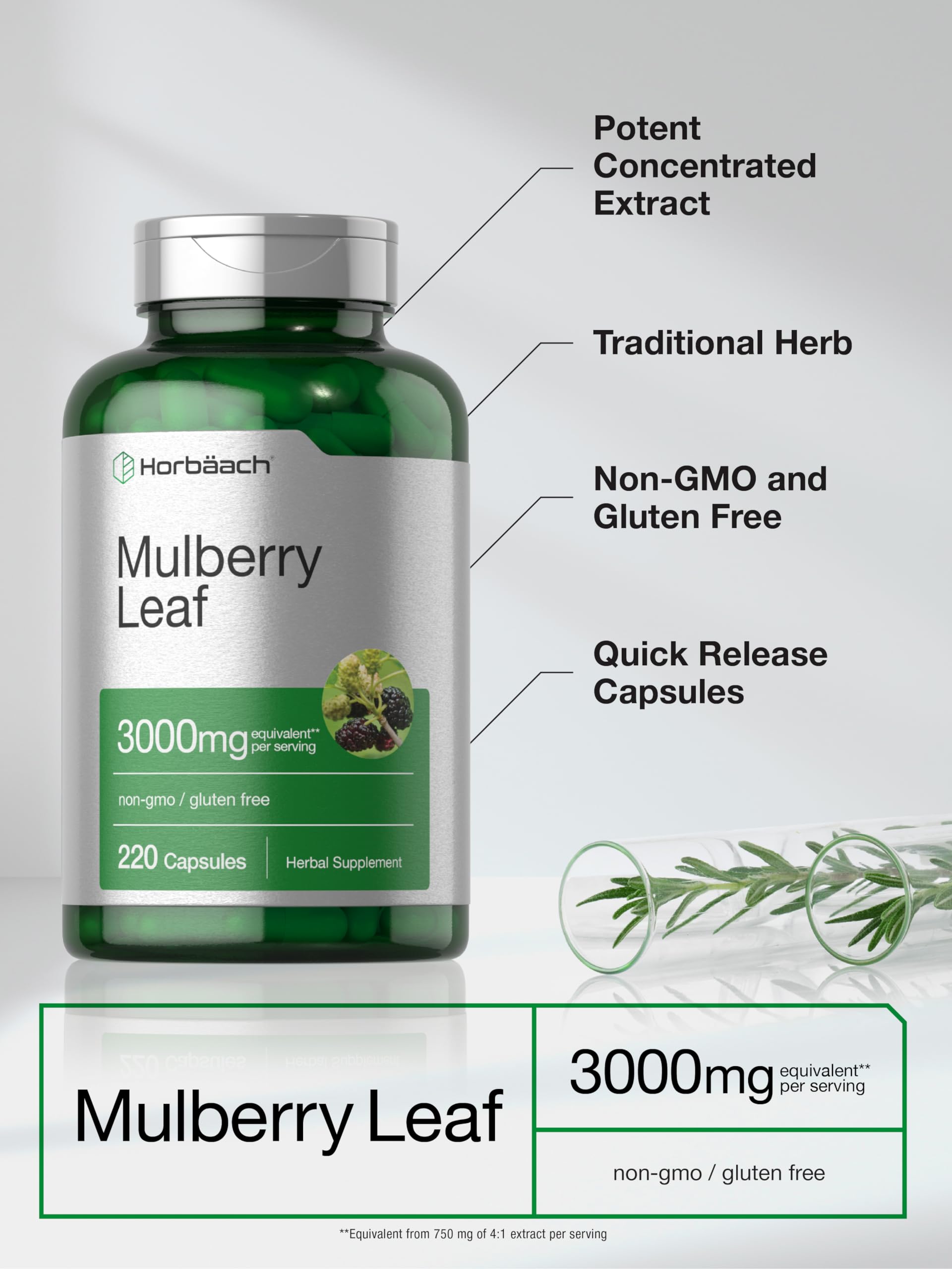 Foto 5 pulgar | Suplemento De Extracto De Hoja De Morera Horbäach 3000 Mg 220 Cápsulas - Venta Internacional.