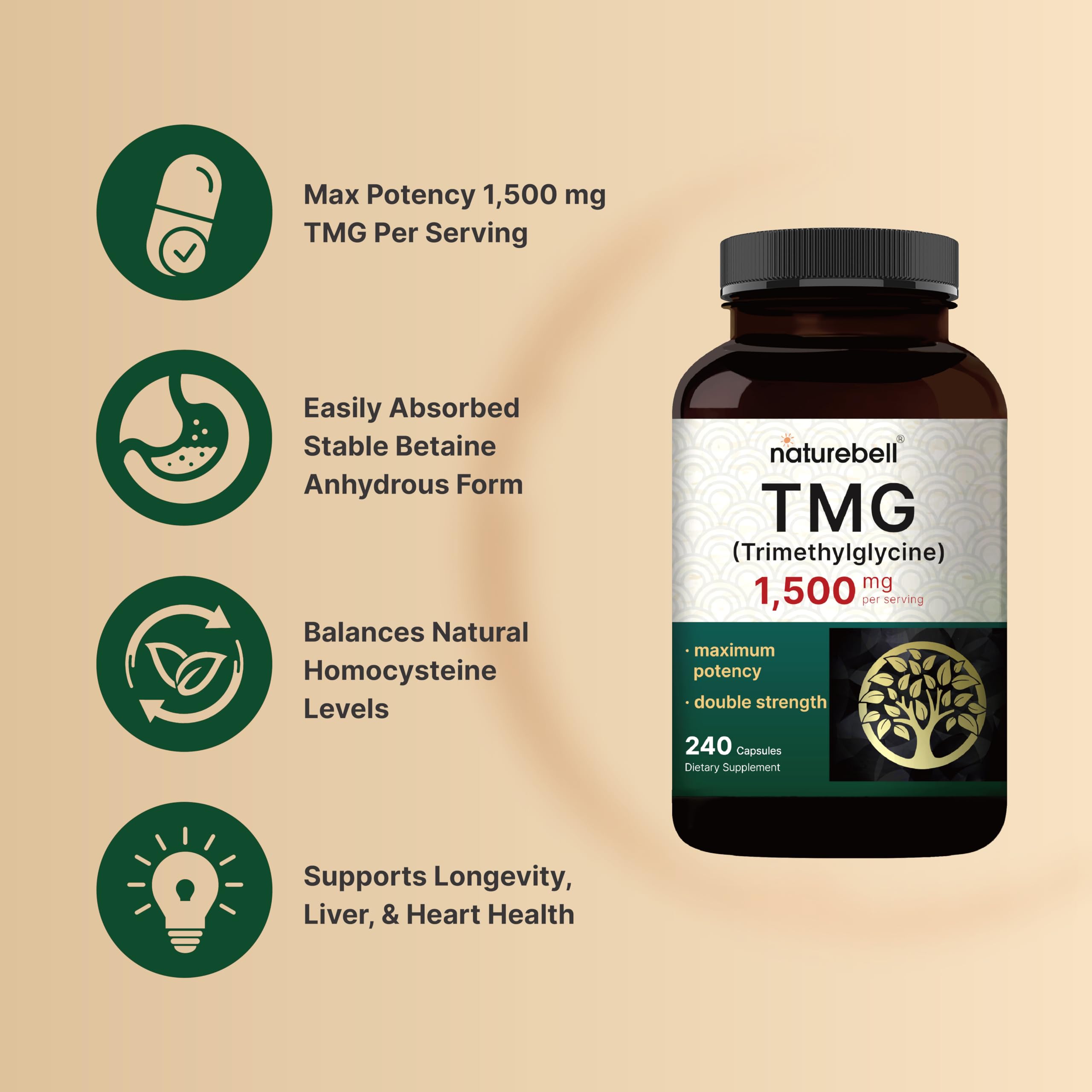Foto 4 pulgar | Suplemento Naturebell Tmg 1500 Mg 240 Cápsulas De Betaína Anhidra - Venta Internacional.