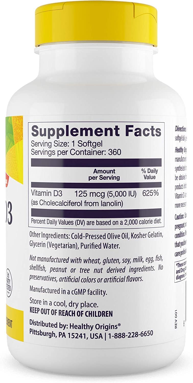 Foto 3 pulgar | Suplemento De Vitamina D3 De Healthy Origins, 5000 Ui, 360 Cápsulas Blandas - Venta Internacional.
