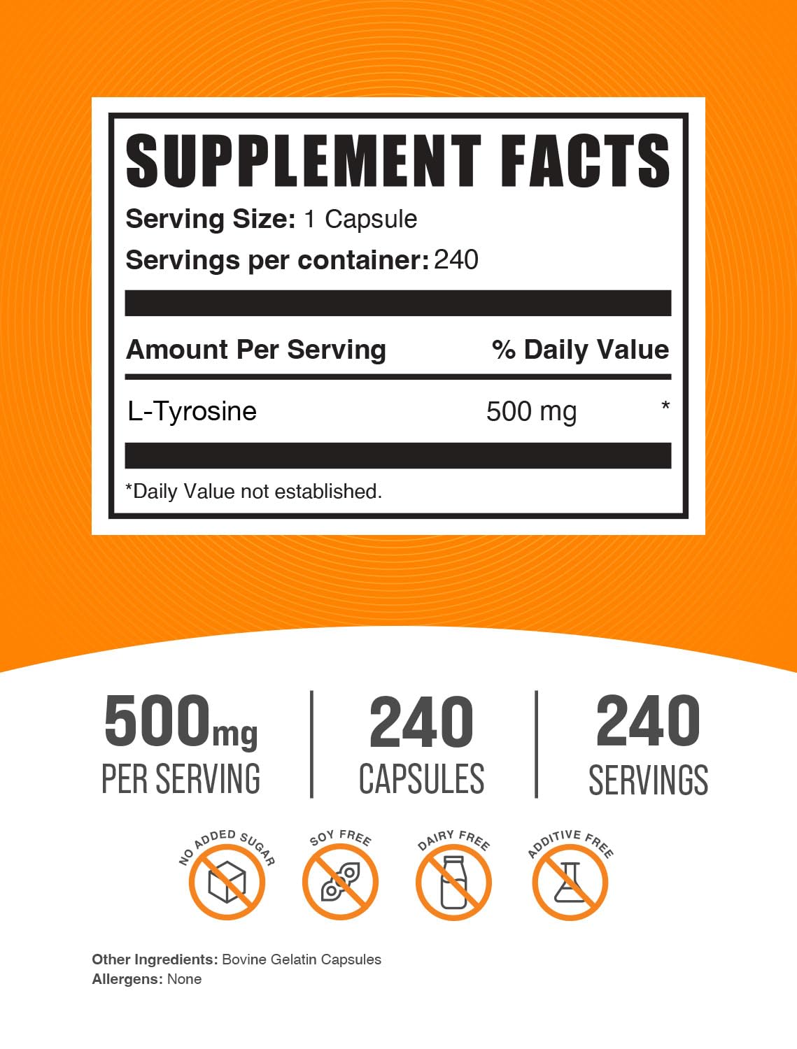 Foto 3 pulgar | Suplemento Bulksupplements.com L-tirosina 500 Mg 240 Cápsulas - Venta Internacional.