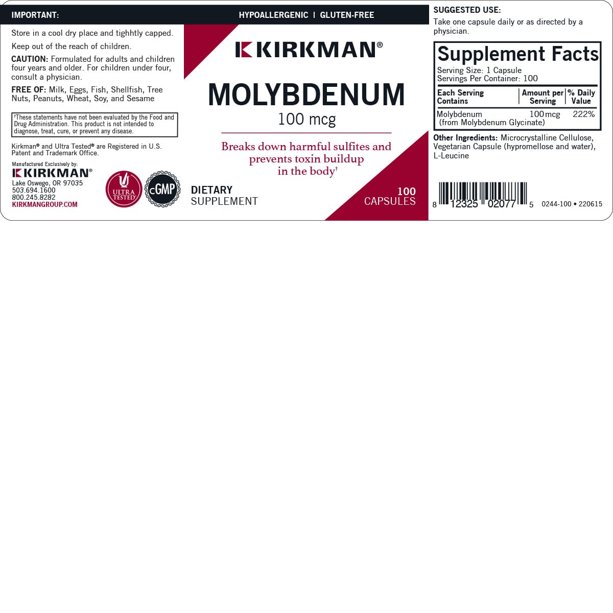 Foto 4 pulgar | Suplemento Kirkman Molibdeno 100 Mcg 100 Cápsulas - Venta Internacional.