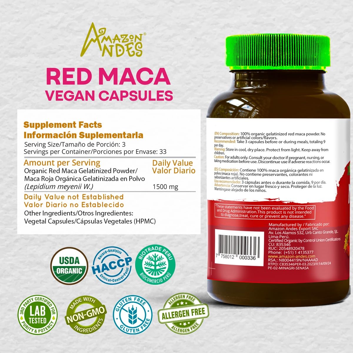 Foto 3 pulgar | Suplemento: Cápsulas De Raíz De Maca Roja De Amazon Andes, 1500 Mg - Venta Internacional.