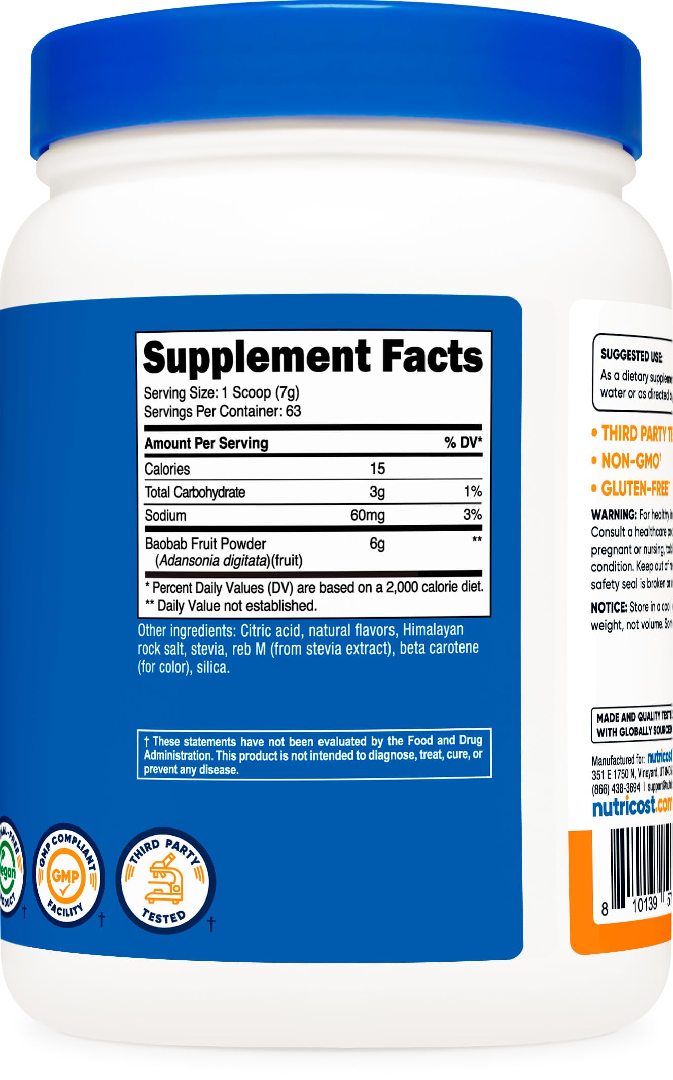 Foto 6 pulgar | Polvo De Fruta De Baobab Nutricost Con Sabor A Naranja, 454 G, Vegano - Venta Internacional.