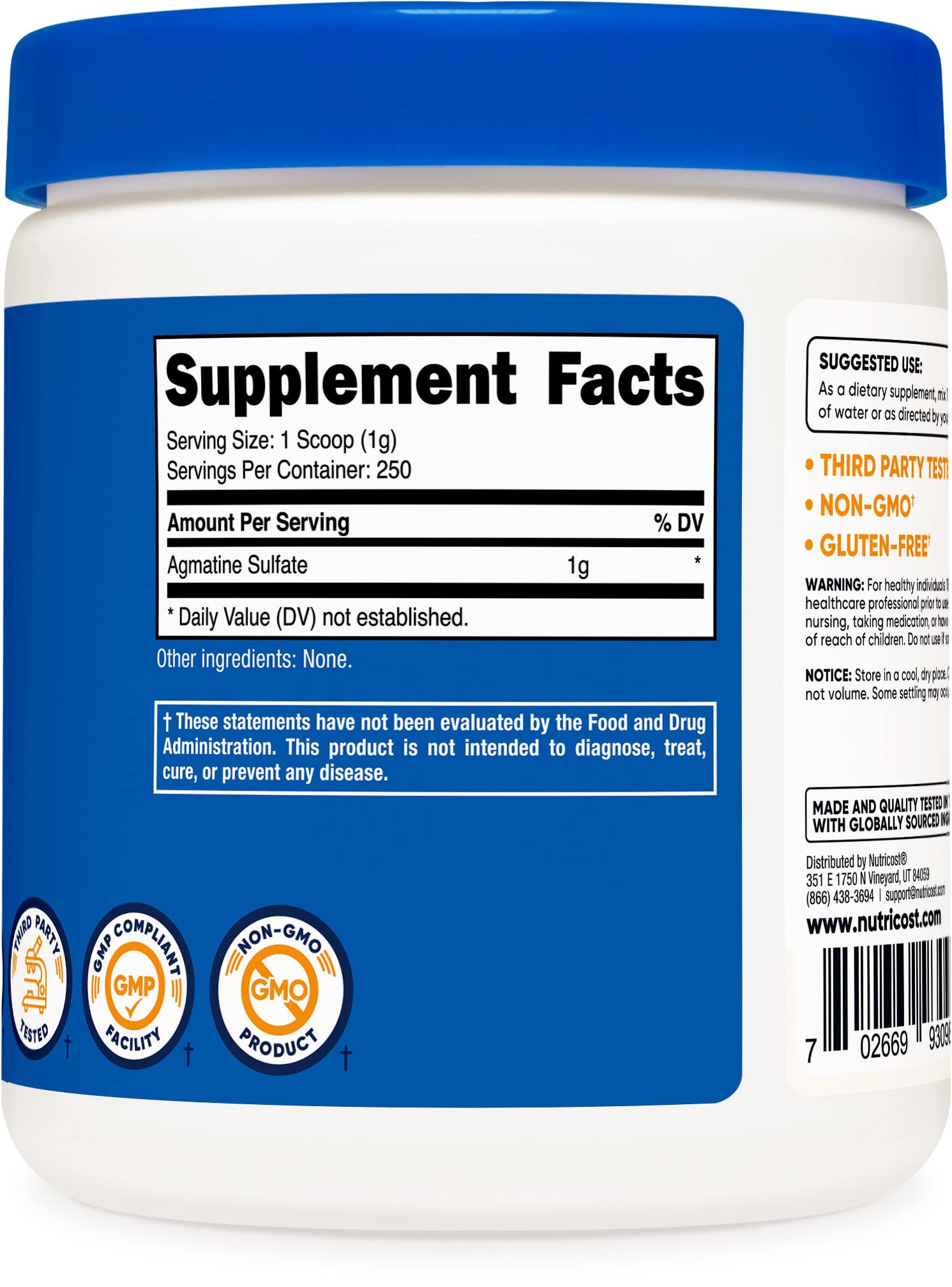 Foto 5 pulgar | Suplemento Nutricost De Sulfato De Agmatina Puro En Polvo 250 G - Venta Internacional.