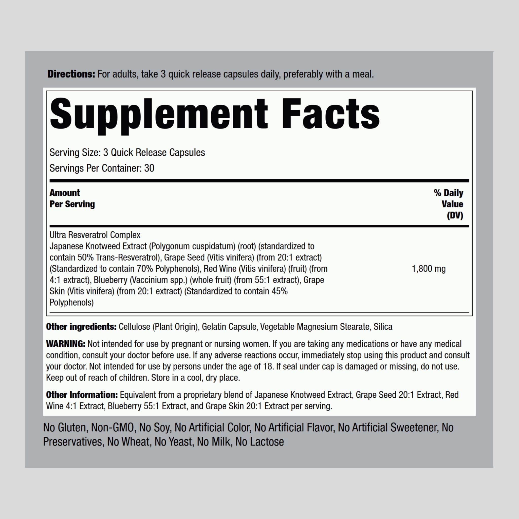 Foto 3 pulgar | Suplemento Piping Rock Resveratrol Complex 1800 Mg 90 Cápsulas - Venta Internacional.
