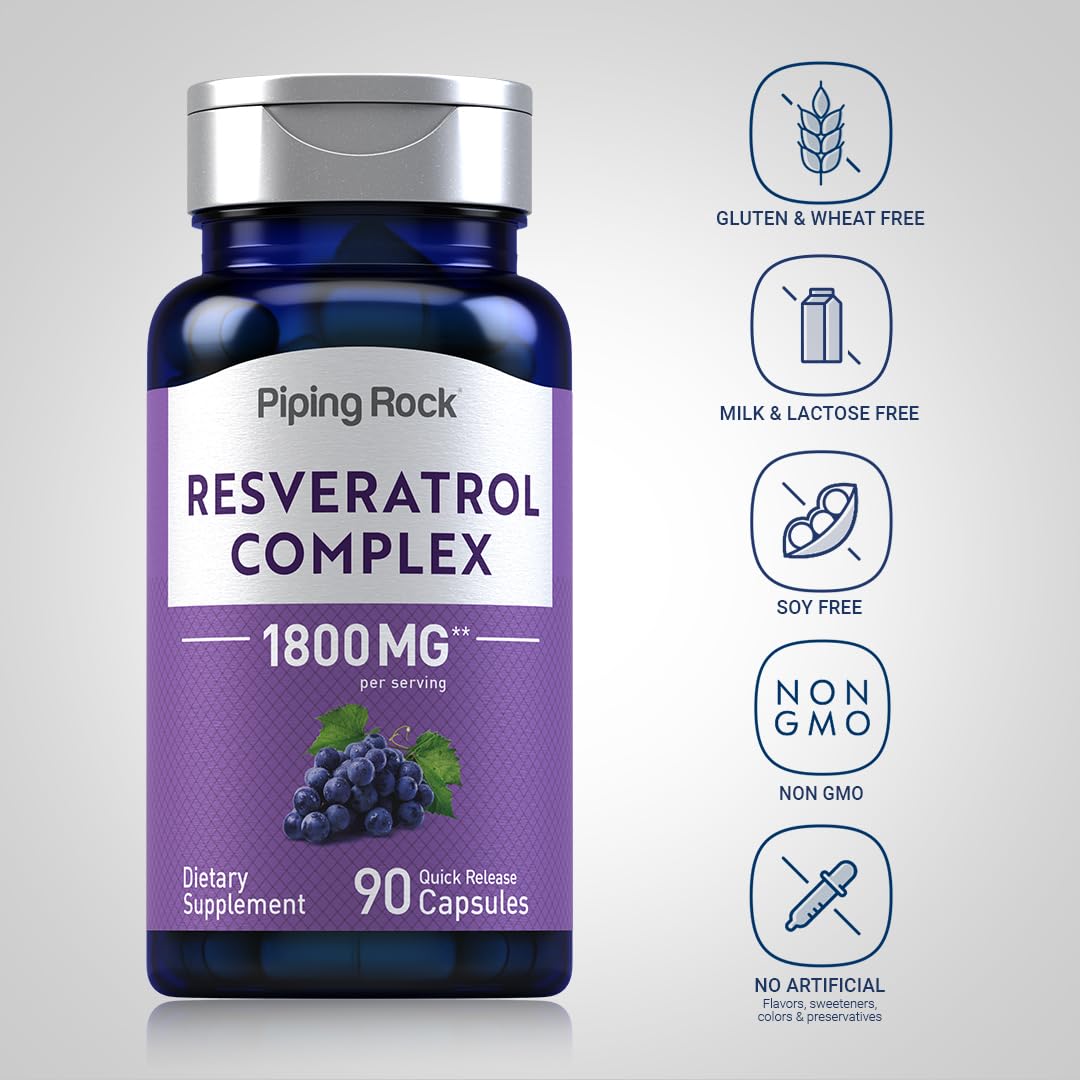 Foto 4 pulgar | Suplemento Piping Rock Resveratrol Complex 1800 Mg 90 Cápsulas - Venta Internacional.
