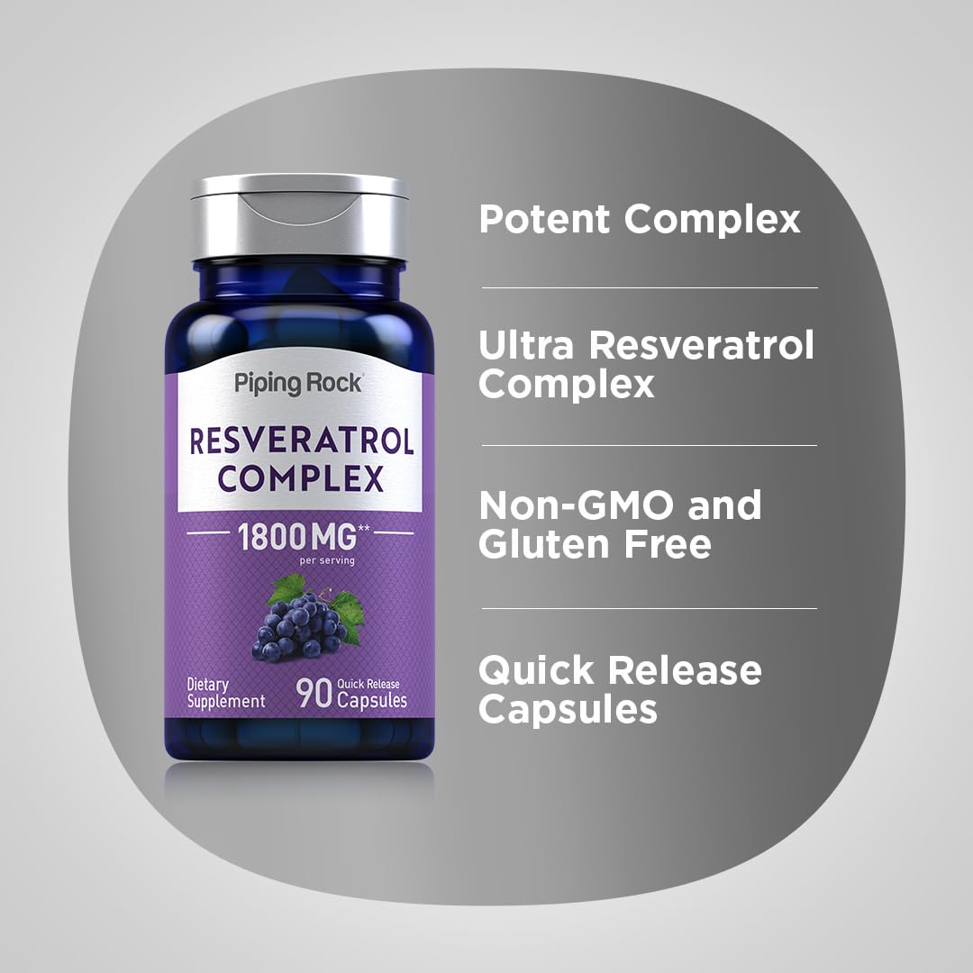 Foto 5 pulgar | Suplemento Piping Rock Resveratrol Complex 1800 Mg 90 Cápsulas - Venta Internacional.