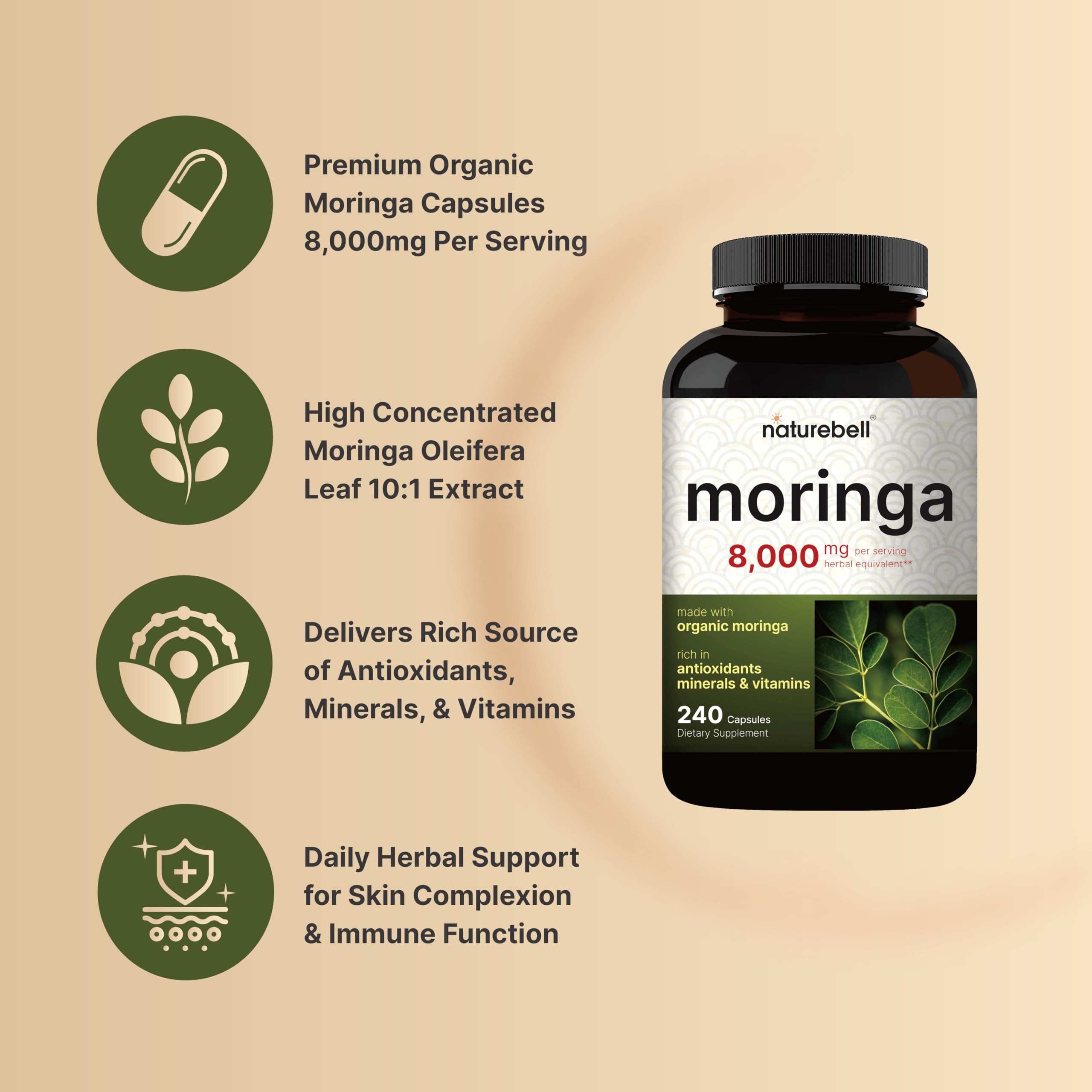 Foto 4 pulgar | Suplemento Naturebell, Cápsulas De Moringa, 8000 Mg, 480 Cápsulas - Venta Internacional.