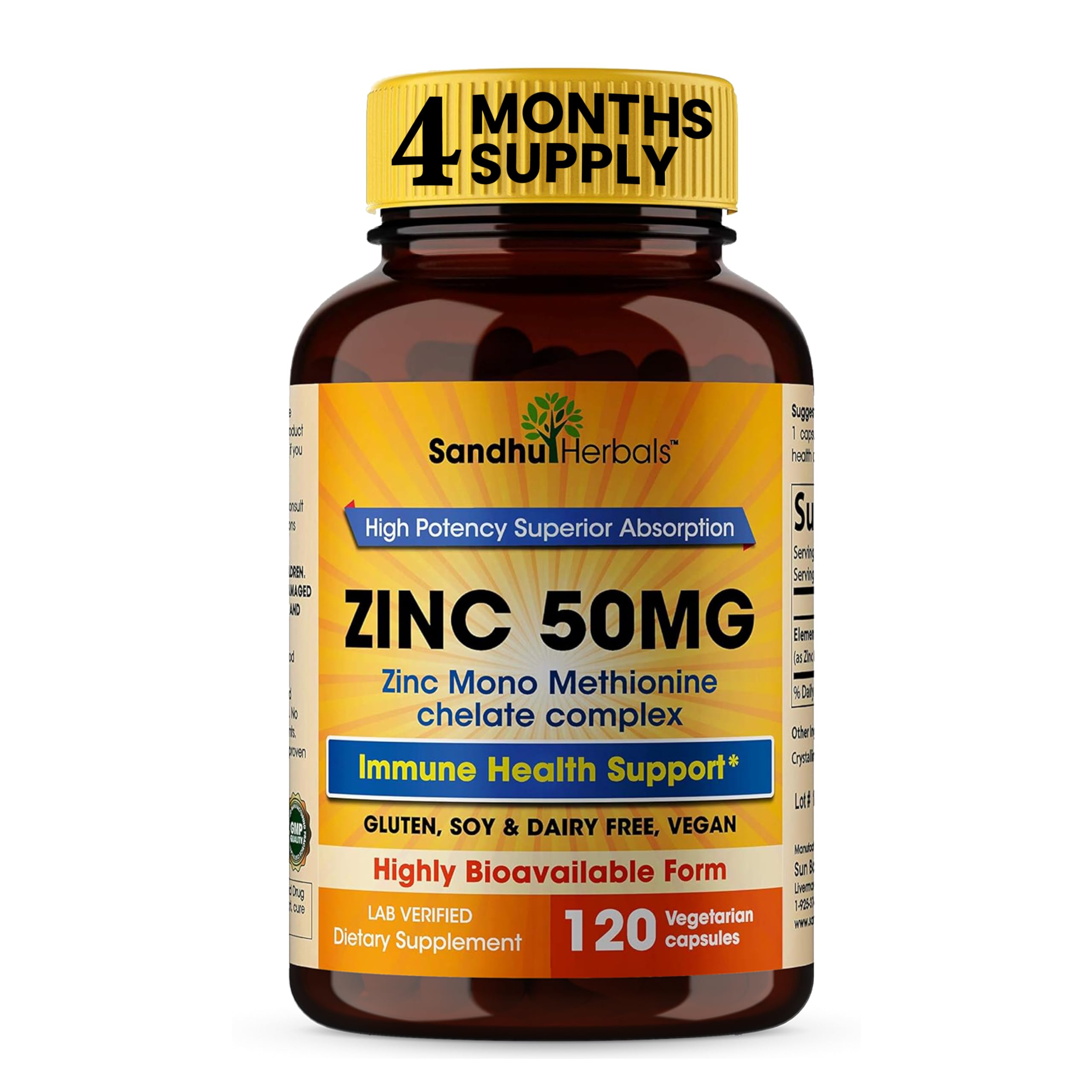 Foto 2 pulgar | Suplemento Sandhuherbals Zinc 50 Mg 120 Cápsulas Vegetarianas - Venta Internacional.