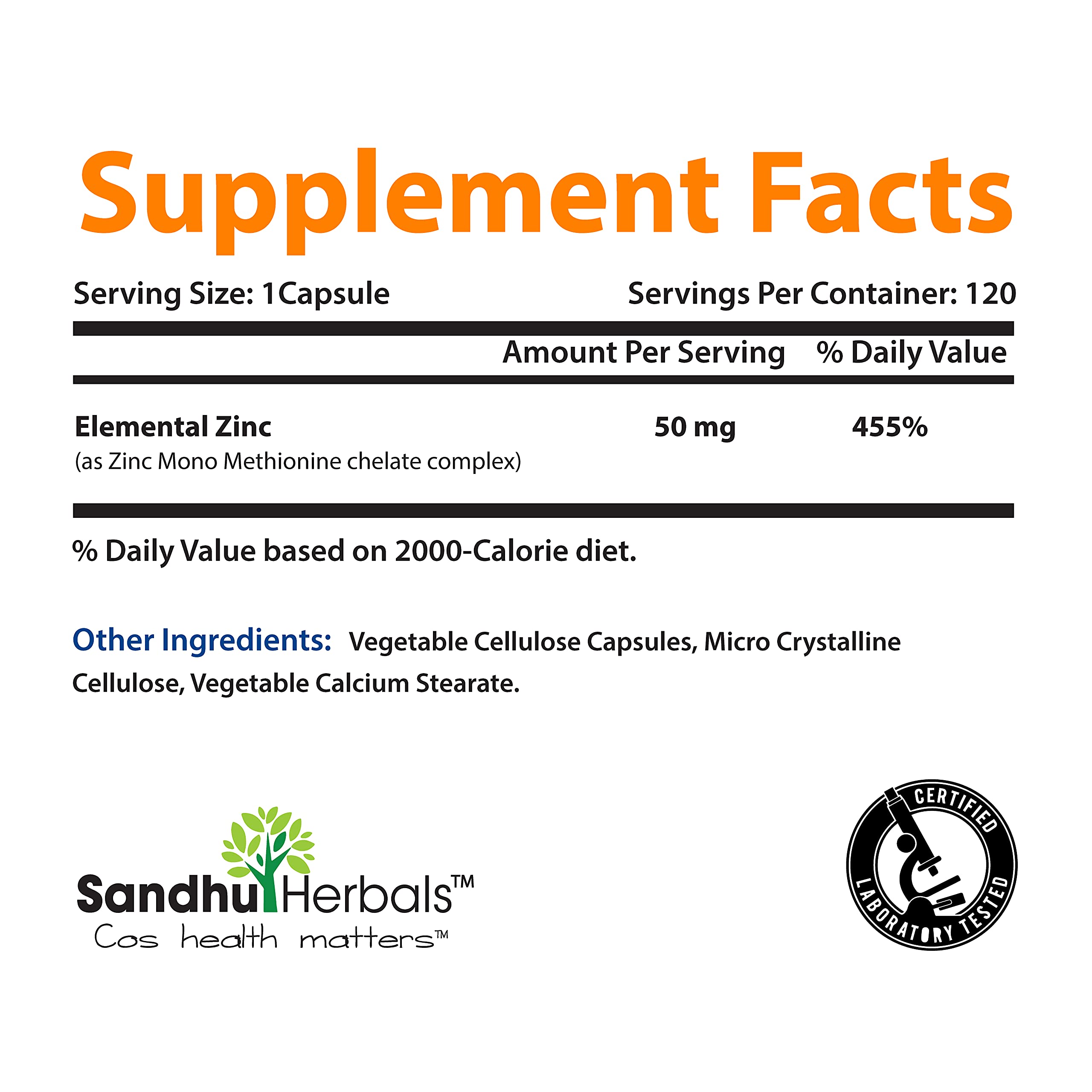 Foto 4 pulgar | Suplemento Sandhuherbals Zinc 50 Mg 120 Cápsulas Vegetarianas - Venta Internacional.
