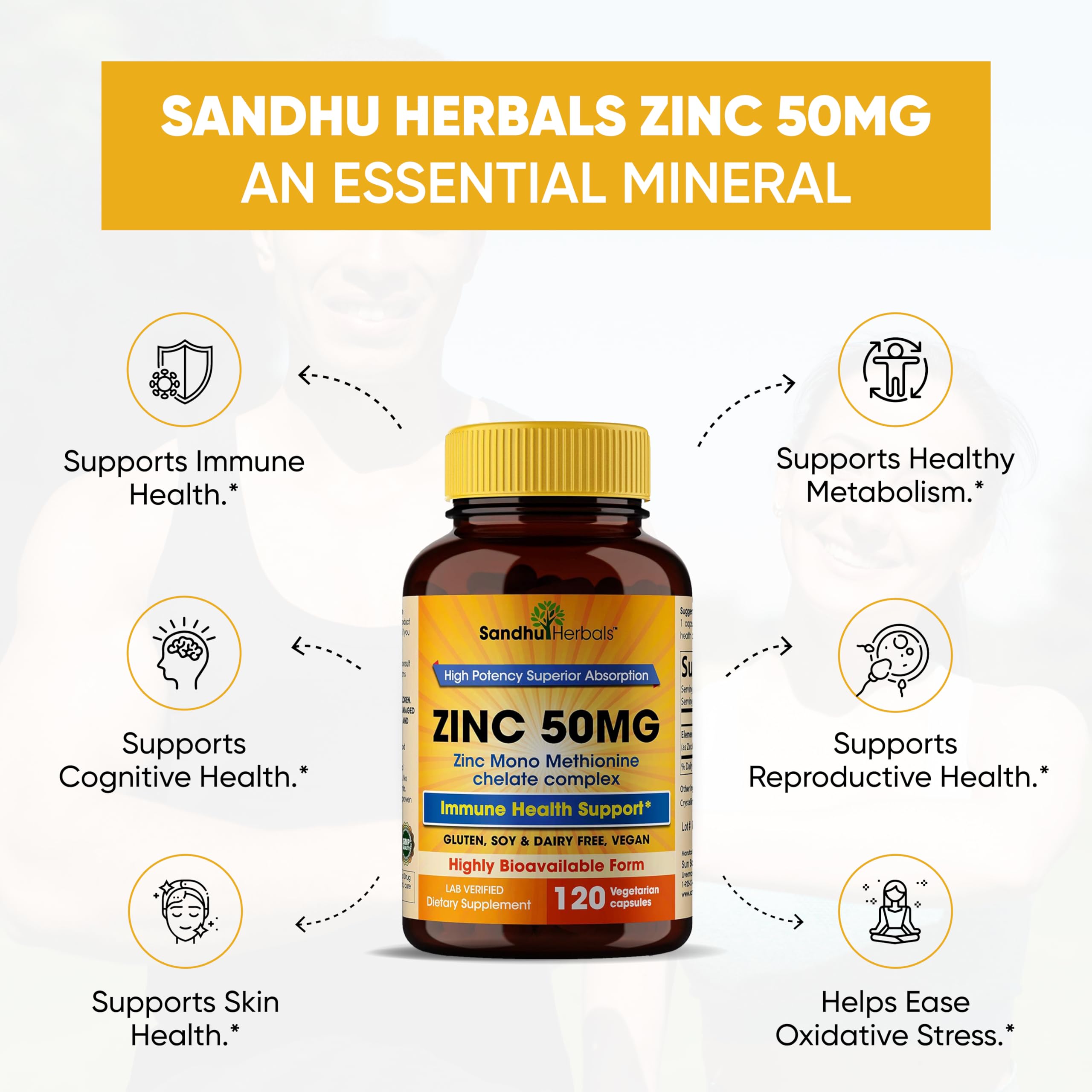 Foto 6 pulgar | Suplemento Sandhuherbals Zinc 50 Mg 120 Cápsulas Vegetarianas - Venta Internacional.