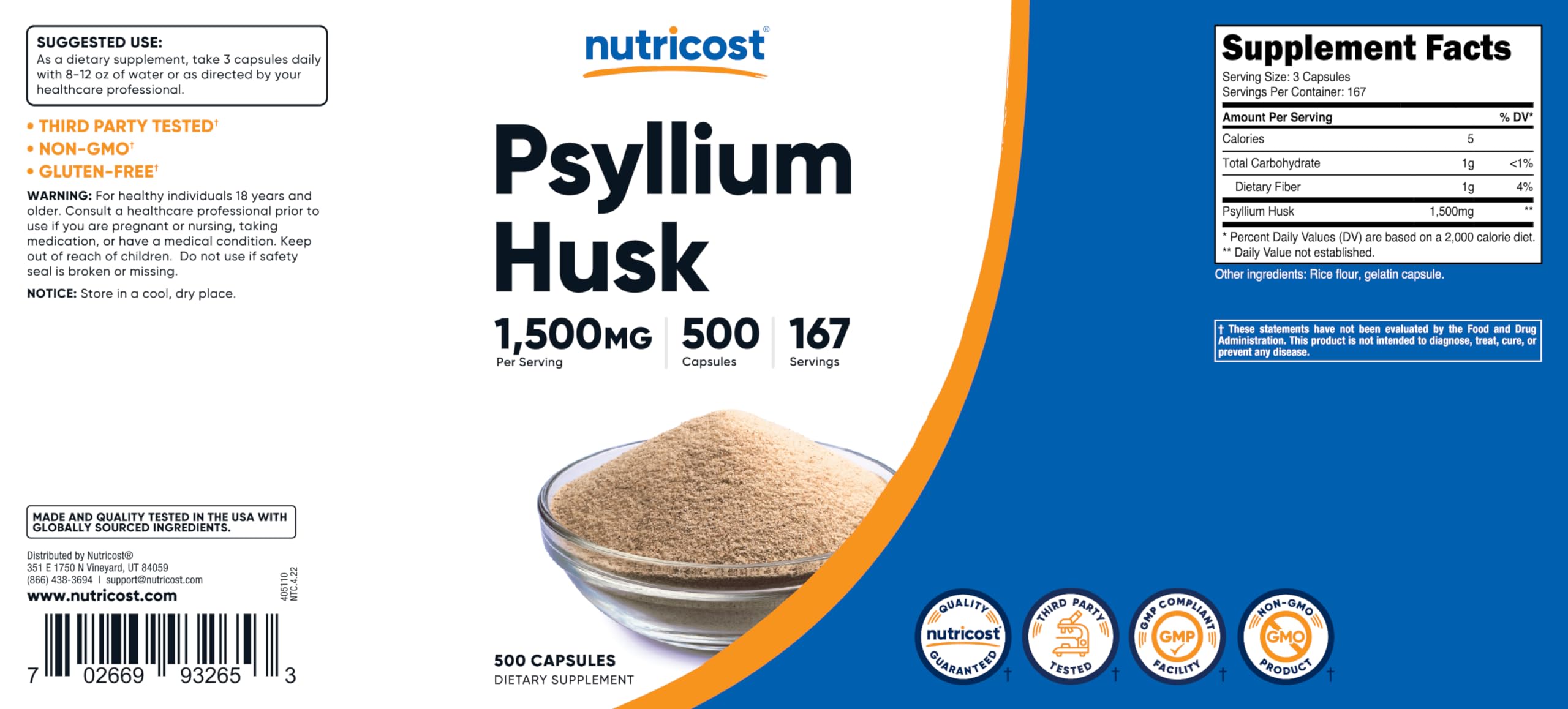 Foto 7 pulgar | Suplemento Nutricost Psyllium Husk 1500 Mg 500 Cápsulas - Venta Internacional.
