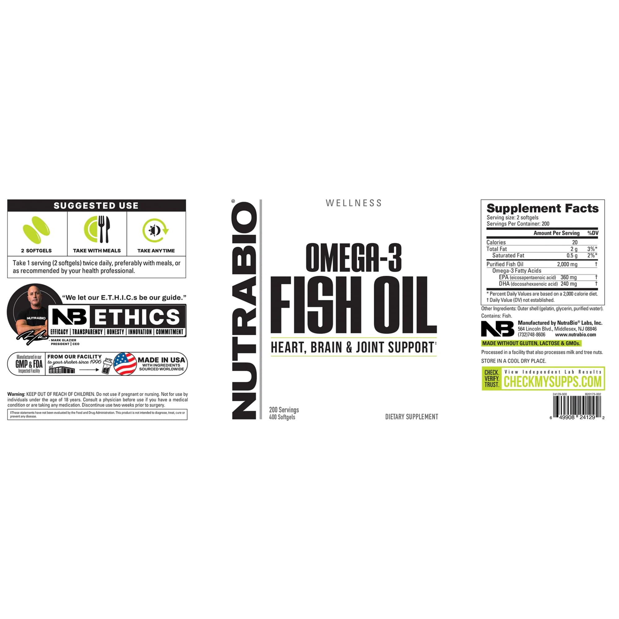 Foto 4 pulgar | Suplementos De Aceite De Pescado Nutrabio Omega 3, 2000 Mg, 400 Cápsulas Blandas - Venta Internacional.