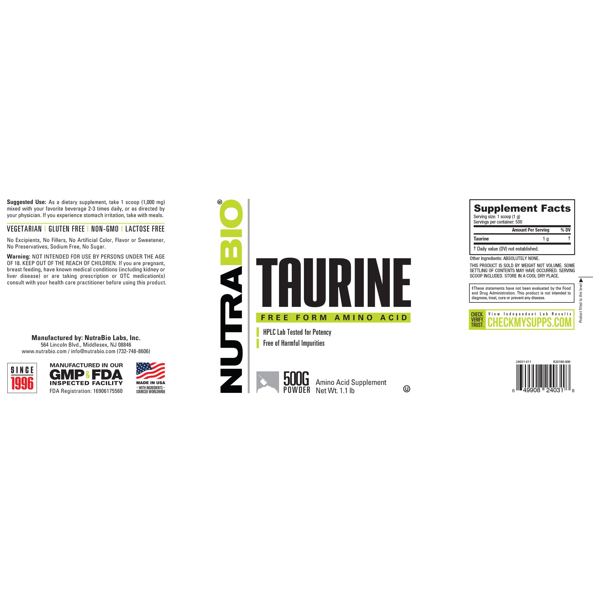 Foto 4 pulgar | Suplemento De Taurina En Polvo Nutrabio 500 G - Mejores Niveles De Energía - Venta Internacional.