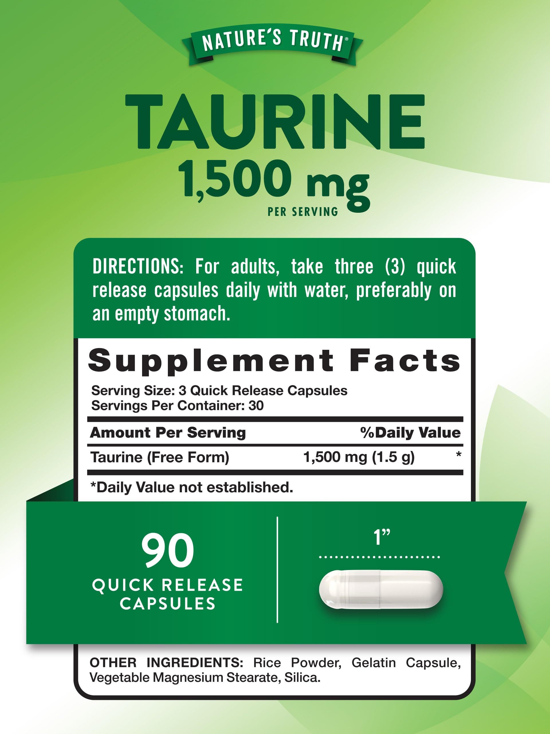Foto 3 pulgar | Suplemento Nature's Truth Taurine 1500 Mg 90 Cápsulas - Venta Internacional.