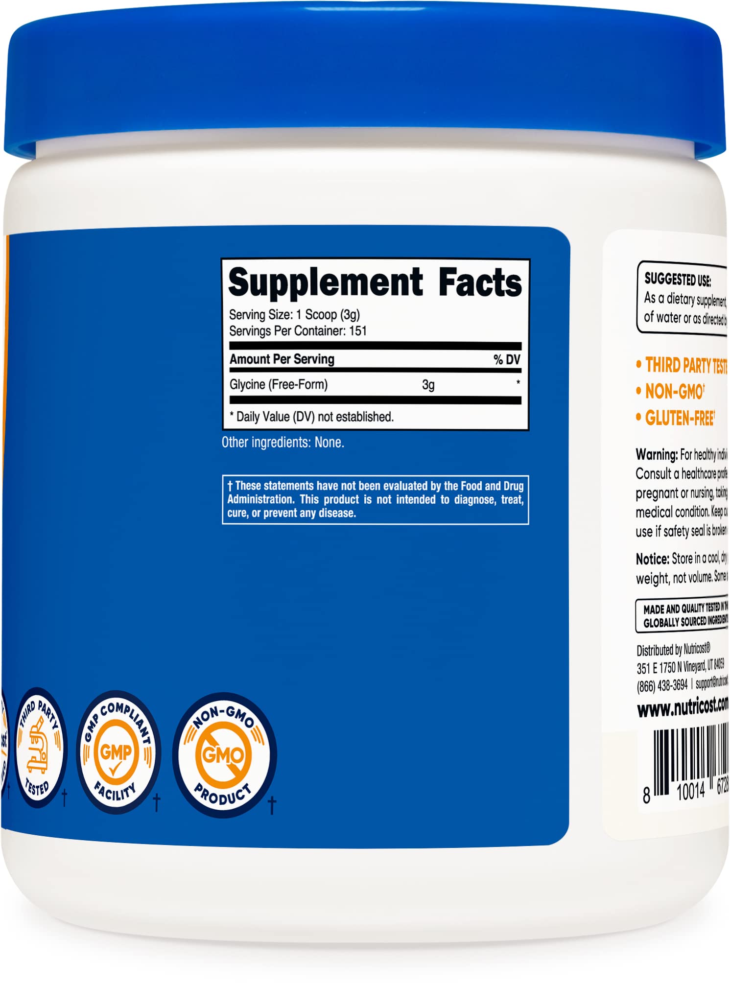 Foto 4 | Glicina En Polvo Nutricost 454 G, Sin Ogm, Sin Gluten, 1 Libra - Venta Internacional.