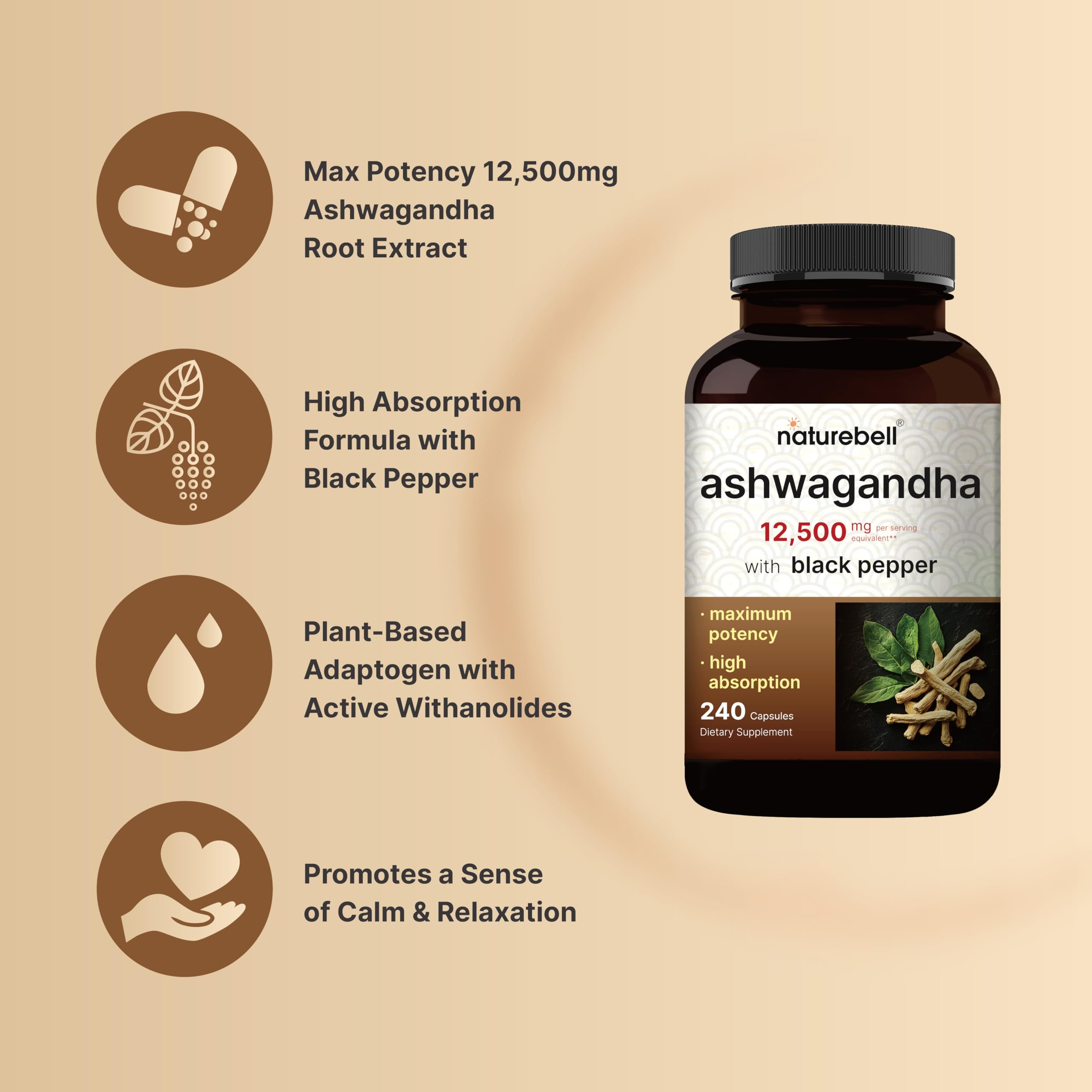 Foto 4 pulgar | Suplementos Naturebell Ashwagandha De 12.500 Mg Con Pimienta Negra - Venta Internacional.