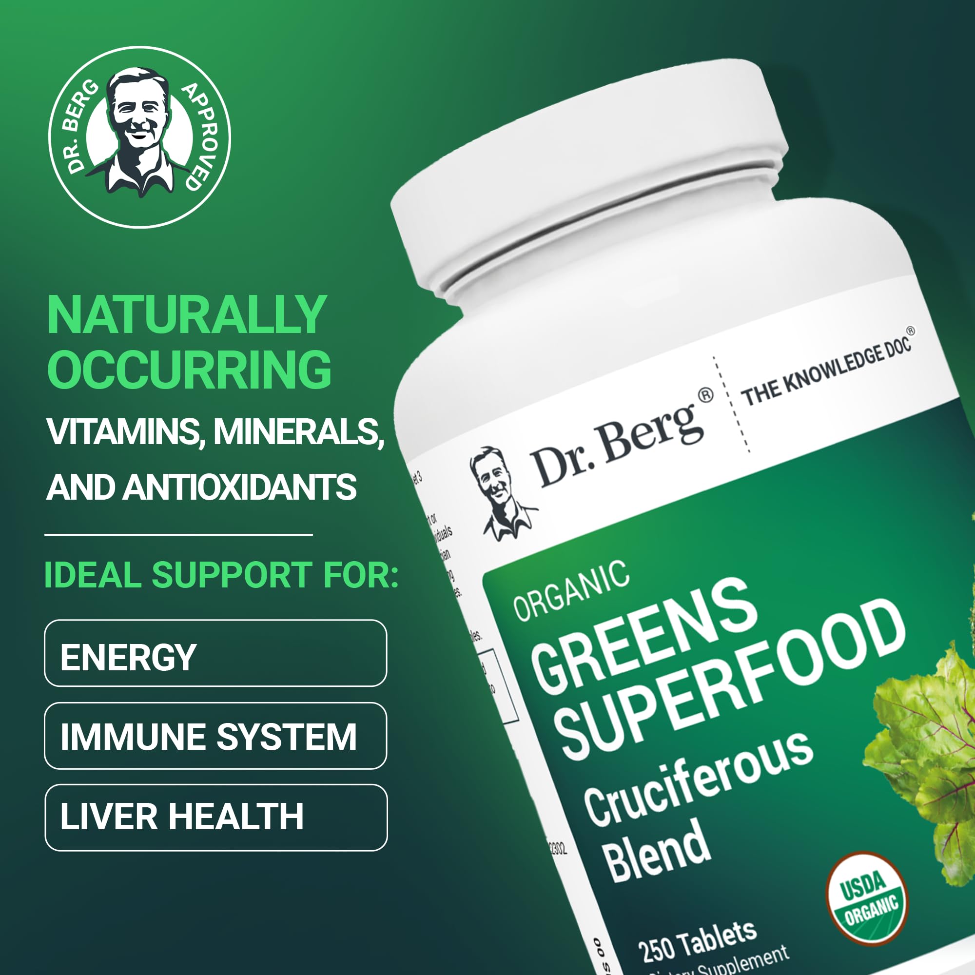 Foto 3 pulgar | Suplemento Dr. Berg Greens Superfood Crucíferous 250 Comprimidos - Venta Internacional.
