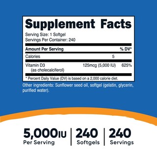 Foto 2 | Suplemento Nutricost De Vitamina D3, 5000 Ui, 240 Cápsulas Blandas - Venta Internacional.
