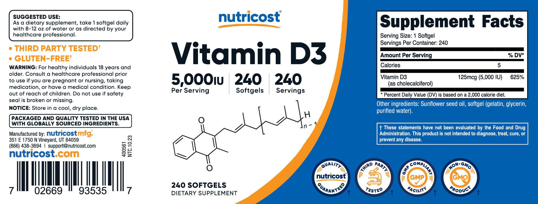 Foto 7 pulgar | Suplemento Nutricost De Vitamina D3, 5000 Ui, 240 Cápsulas Blandas - Venta Internacional.