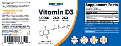 Foto 6 | Suplemento Nutricost De Vitamina D3, 5000 Ui, 240 Cápsulas Blandas - Venta Internacional.