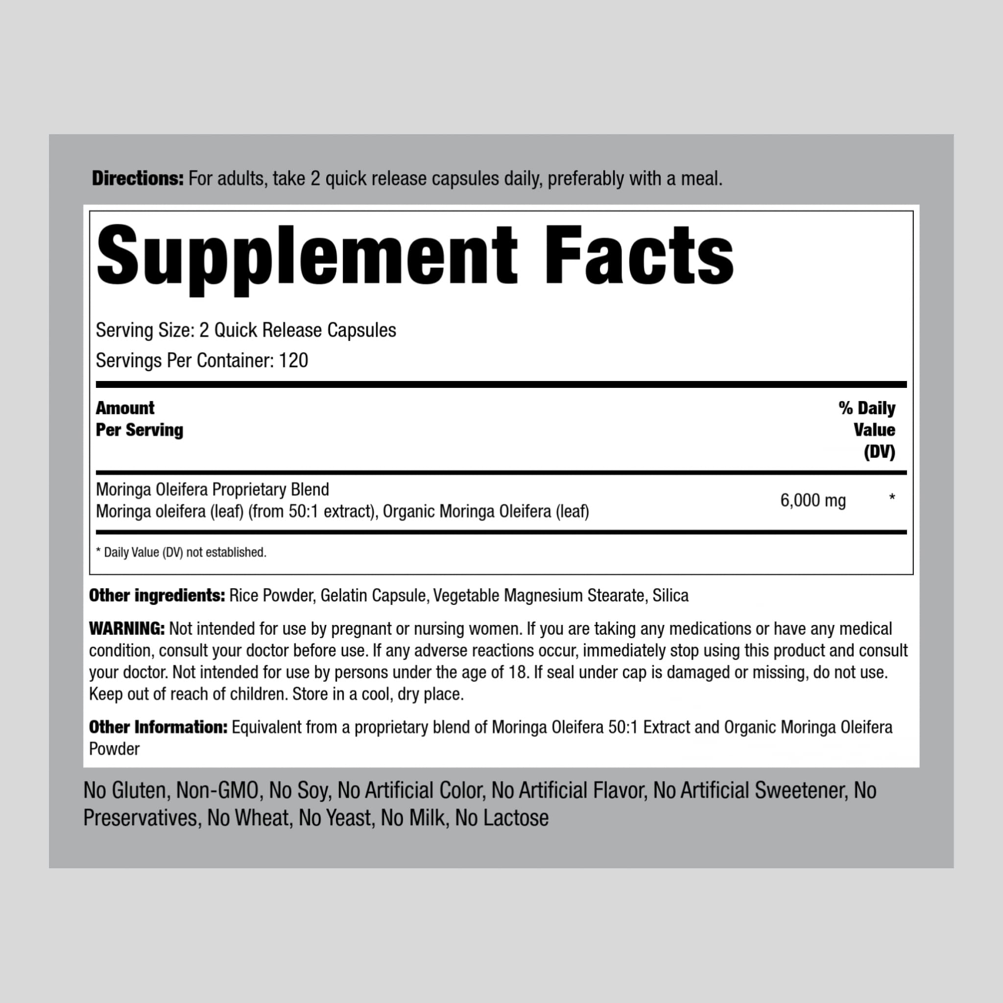 Foto 3 pulgar | Suplemento Piping Rock Moringa Oleifera, Cápsulas, 6000 Mg, 240 - Venta Internacional.