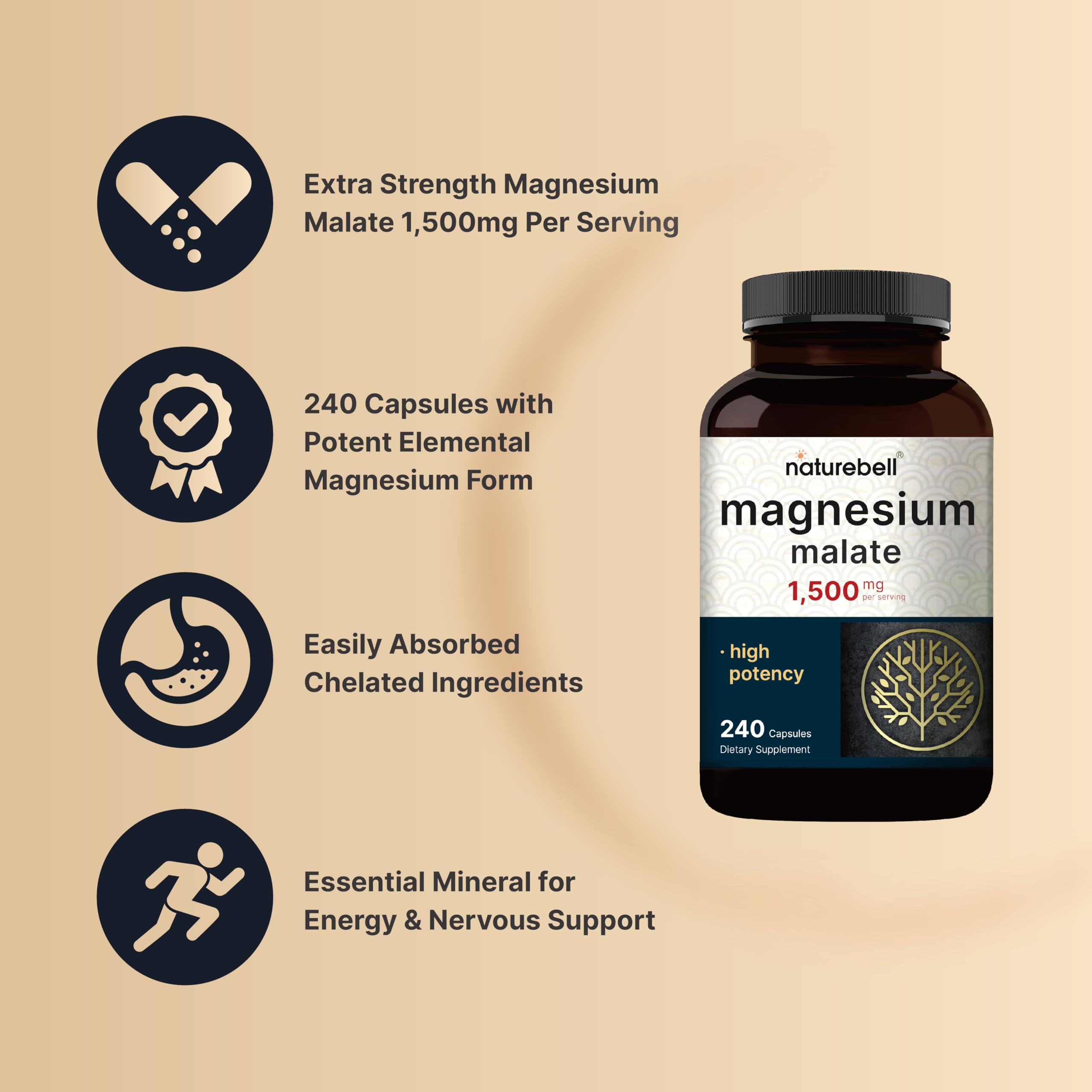 Foto 4 pulgar | Suplemento De Malato De Magnesio Naturebell 1500 Mg 240 Cápsulas - Venta Internacional.