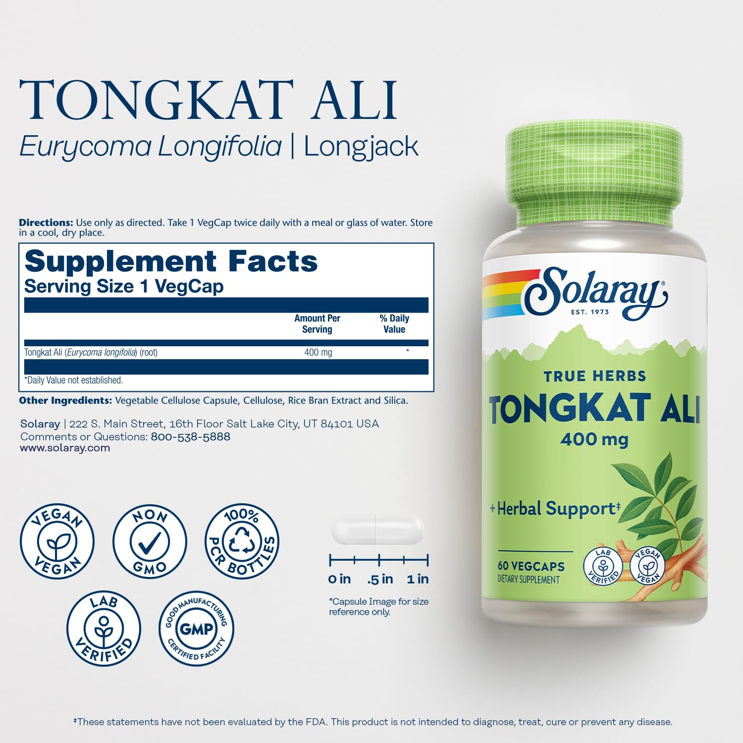 Foto 3 pulgar | Suplemento Solaray Tongkat Ali, 400 Mg De Hierbas Para La Salud Masculina, 60 Cápsulas Vegetarianas - Venta Internaci