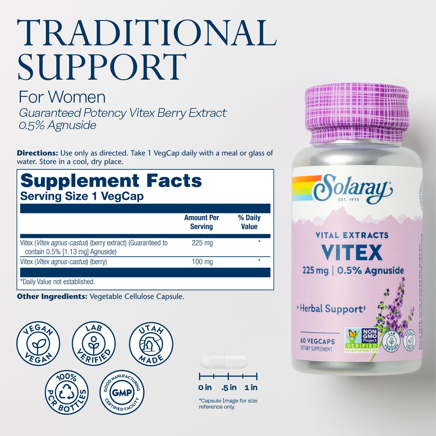 Foto 3 pulgar | Suplemento Solaray De Extracto De Bayas Vitex 225 Mg Para Mujeres, 60 Cápsulas Vegetales - Venta Internacional.