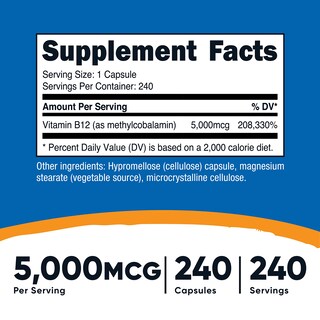 Foto 2 | Suplemento De Vitamina B12 Nutricost 5000 Mcg 240 Cápsulas - Venta Internacional.