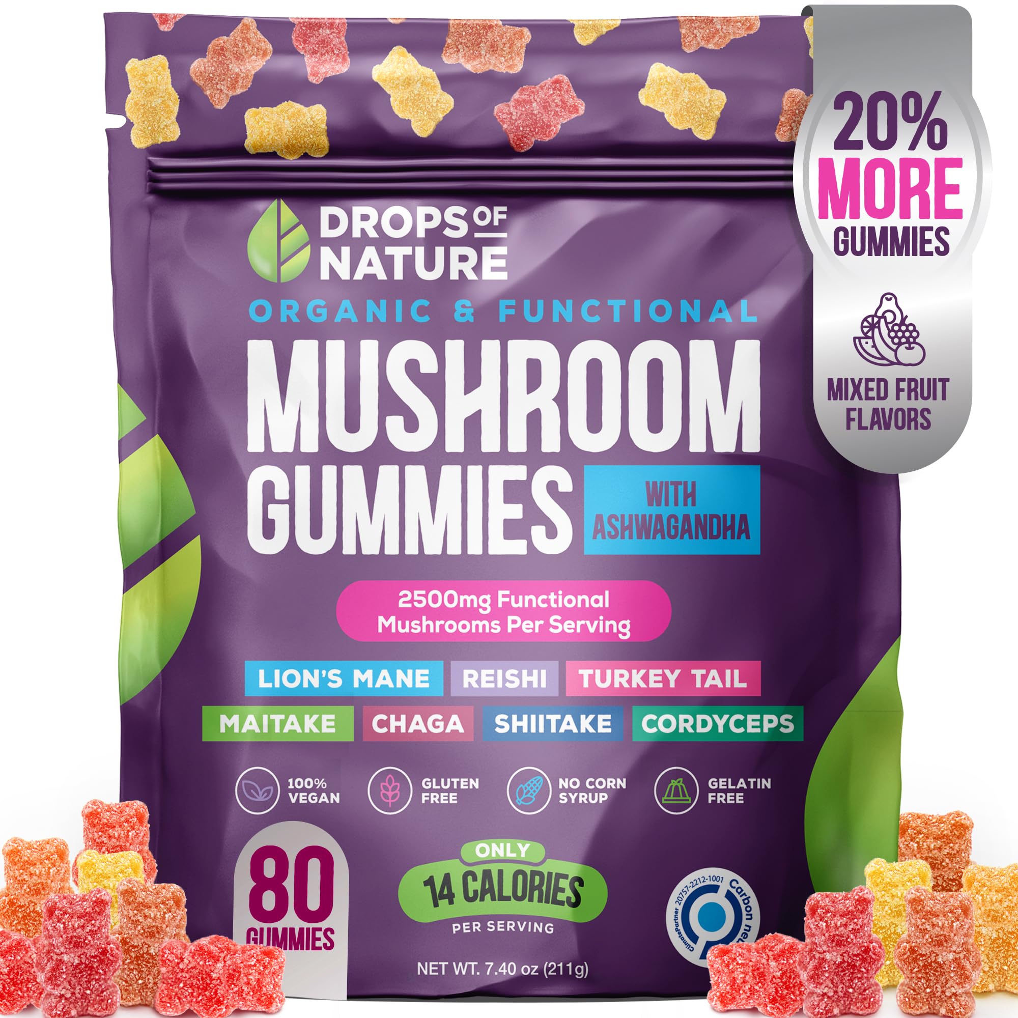 Foto 2 pulgar | Suplemento De Gomitas Con Gotas Naturales De Ashwagandha Y Melena De León - Venta Internacional.