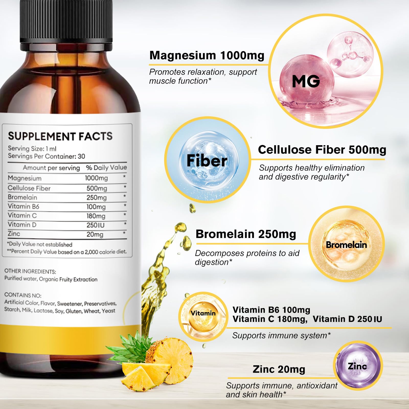 Foto 3 pulgar | Suplemento Líquido de Glicinato de Magnesio de 1000 Mg con Fibra Paquete de 2 - Venta Internacional