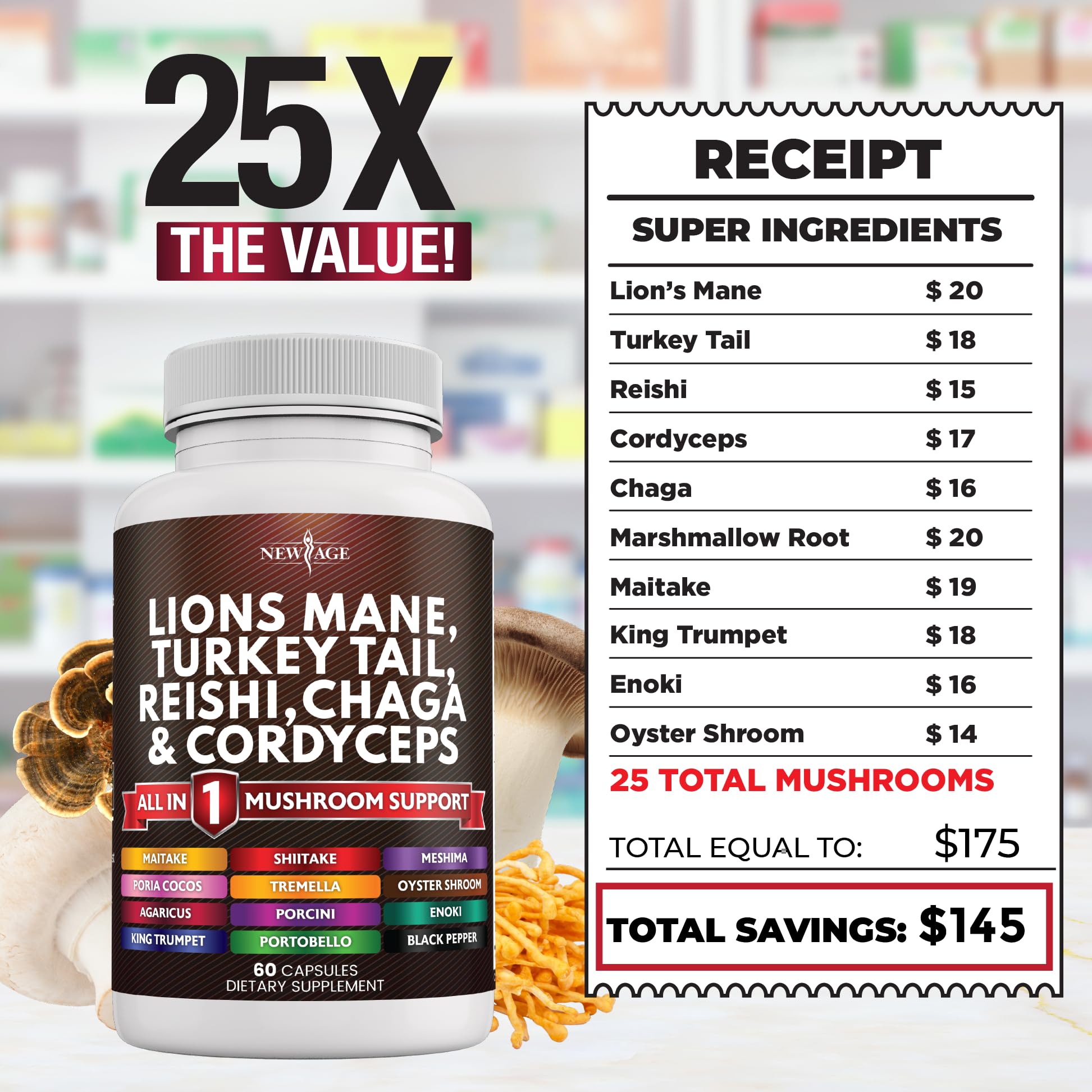 Foto 7 pulgar | Suplemento New Age Lions Mane 3000 Mg Con 2000 Mg De Cola De Pavo - Venta Internacional.