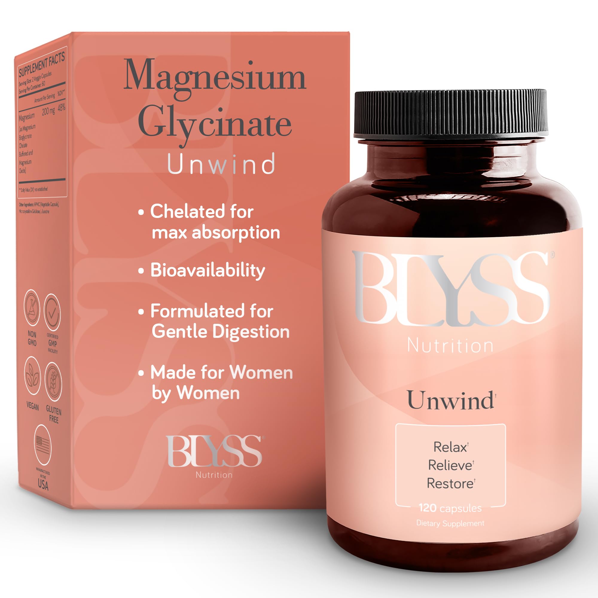Cápsulas De Bisglicinato De Magnesio Blyss Nutrition 200 Mg - Venta Internacional.