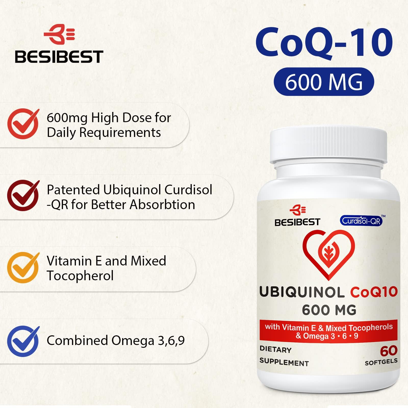 Foto 5 pulgar | Suplemento De Gel Blando Besibest Ubiquinol Coq10 De 600 Mg Con Vitamina - Venta Internacional.