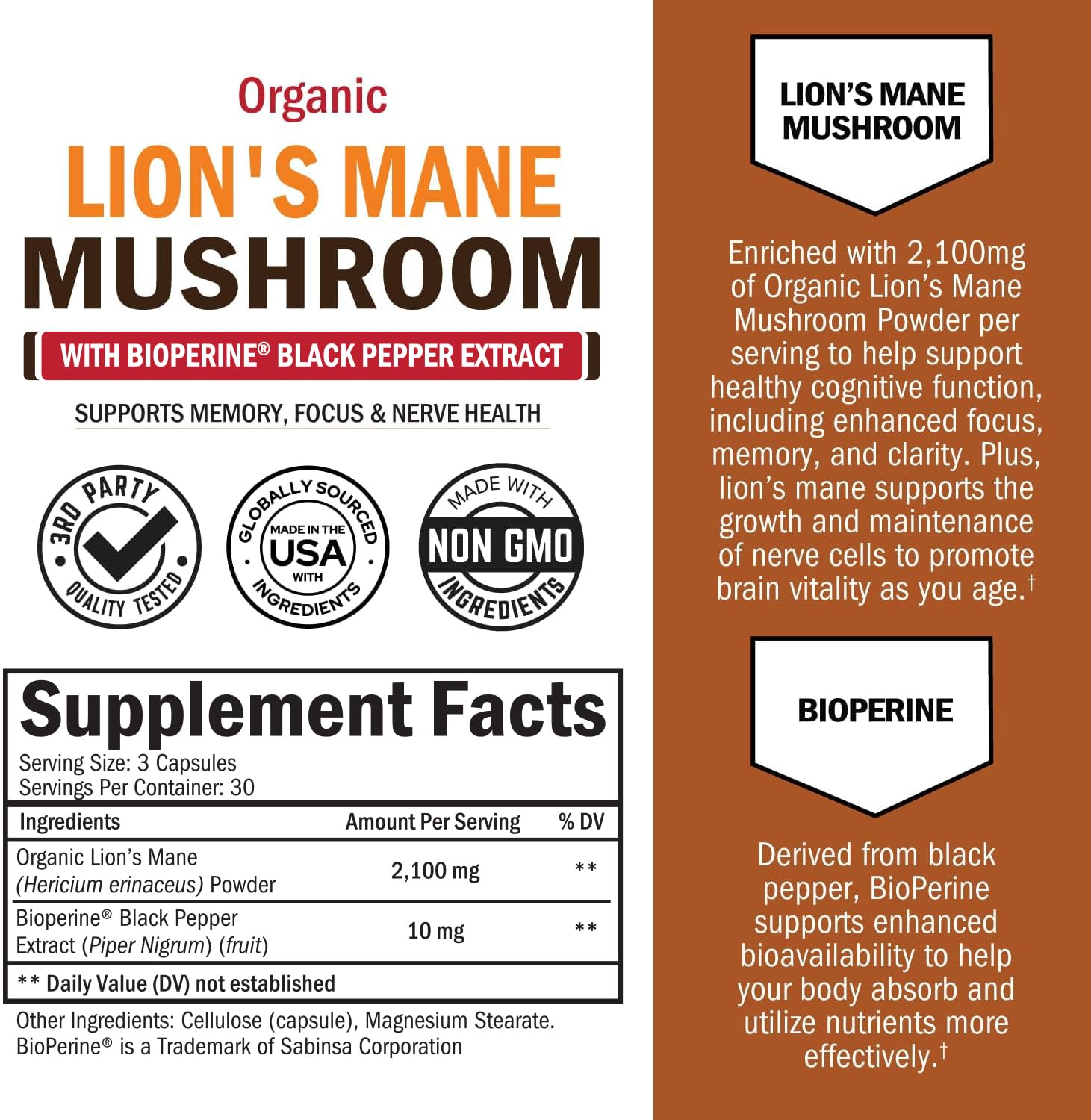 Foto 2 | Suplemento Bioschwartz Organic Lions Mane 2100 Mg 90 Cápsulas - Venta Internacional.