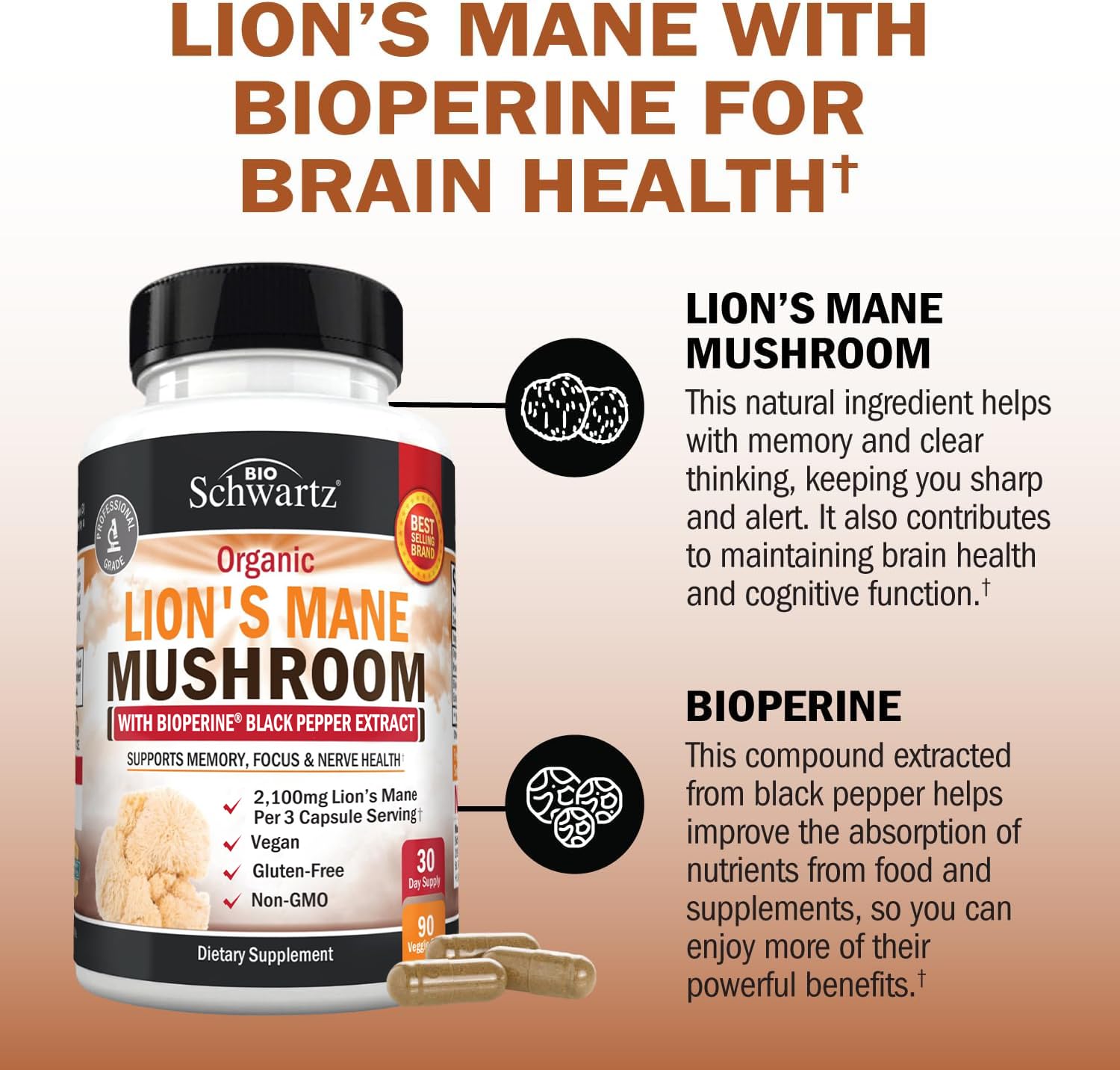 Foto 5 pulgar | Suplemento Bioschwartz Organic Lions Mane 2100 Mg 90 Cápsulas - Venta Internacional.